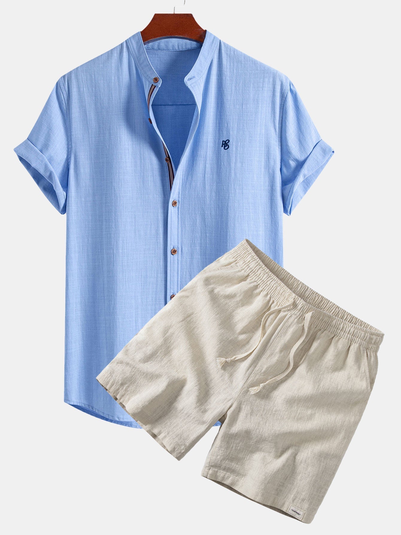 Short Sleeve Linen Look Stand Collar Shirt & Linen Blend Drawstring 7" Shorts