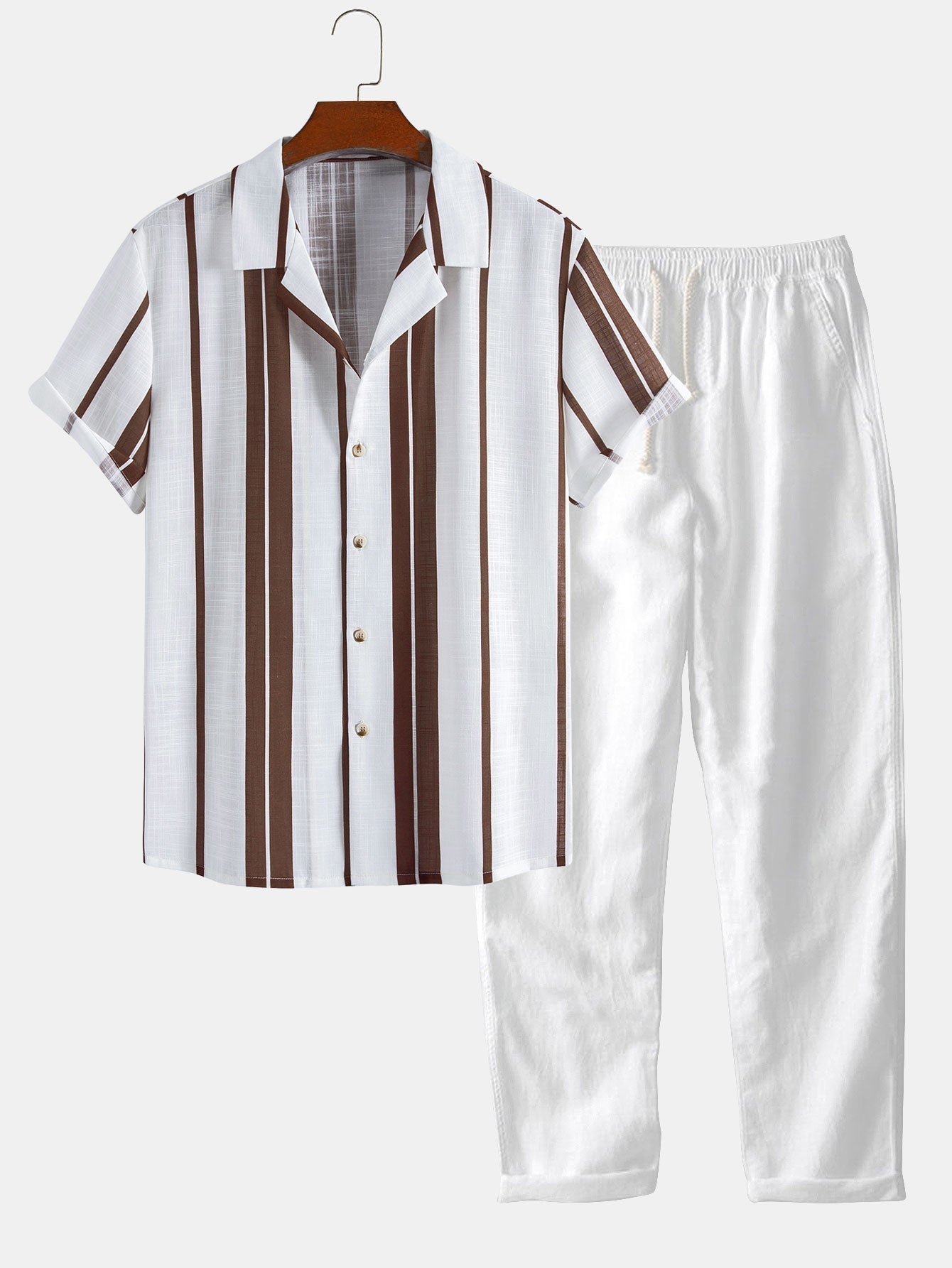 Linen Look Stripe Cuban Shirt & Straight Leg Linen Pants