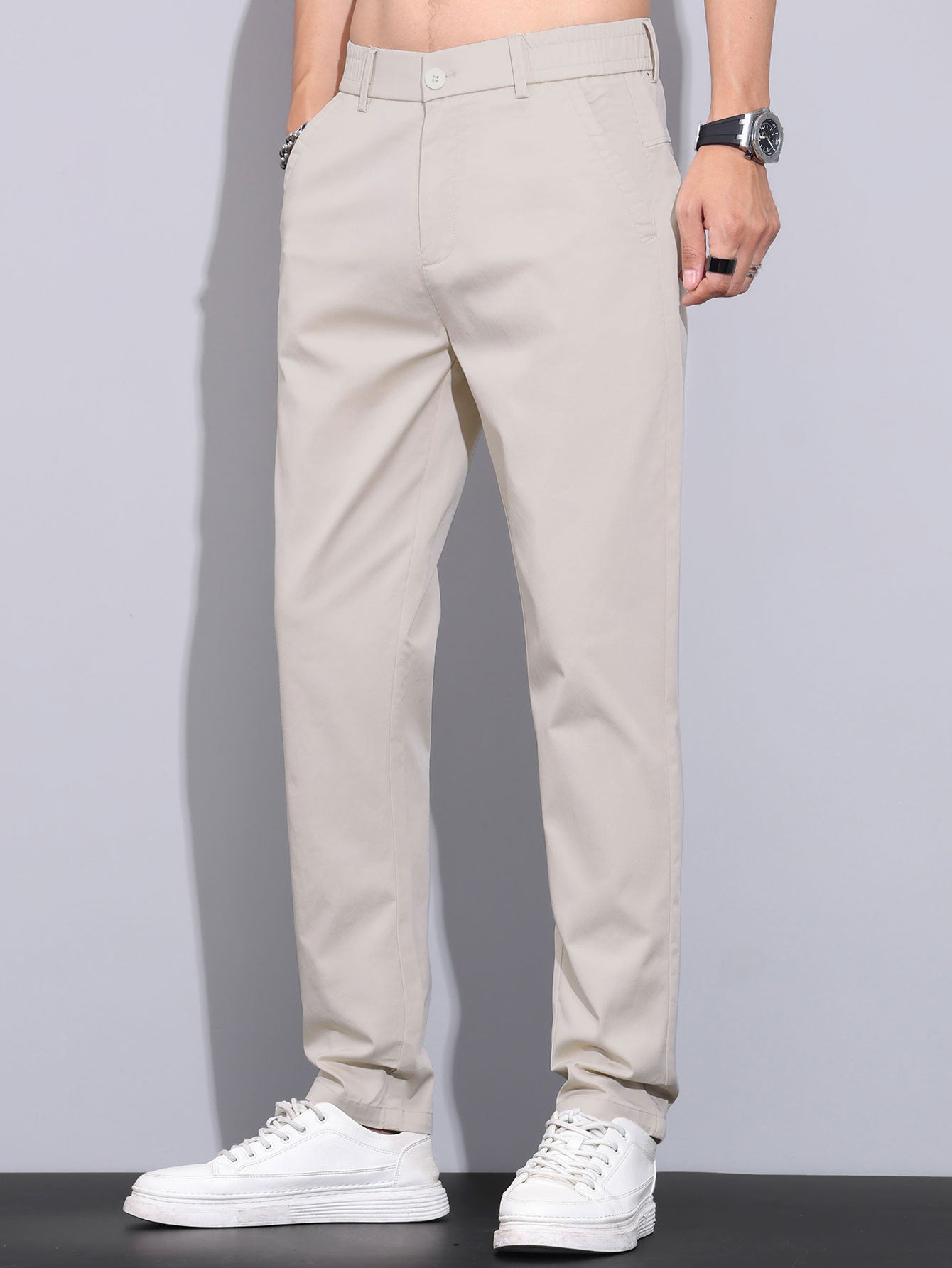 Contrast Textured Johnny Collar Knit Polo & Elastic Waist Straight Leg Trousers