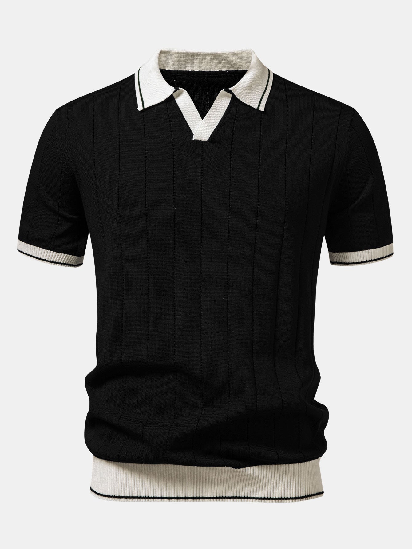 Contrast Trim Ribbed Johnny Collar Knit Polo & Elastic Waist Chino Shorts