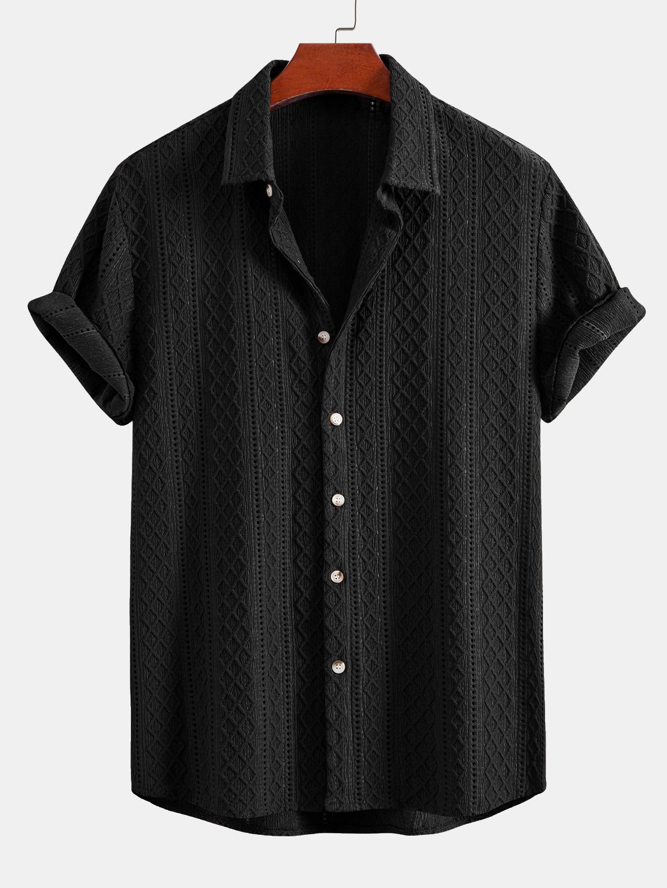 Geometry Rhombus Jacquard Button Up Shirt & Straight Leg Linen Pants