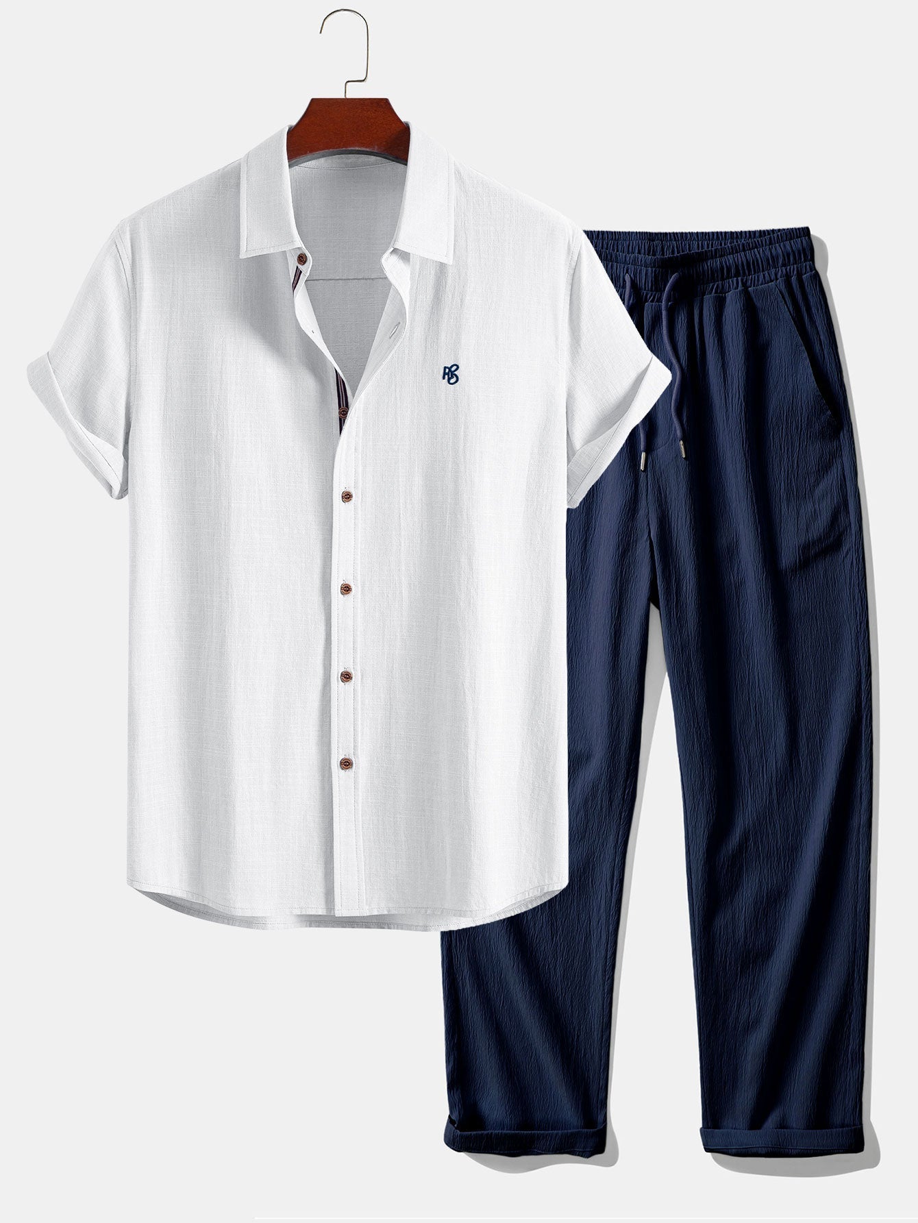 Short Sleeve Linen Look Button Up Shirt & Crinkle Textured Straight Leg Pants