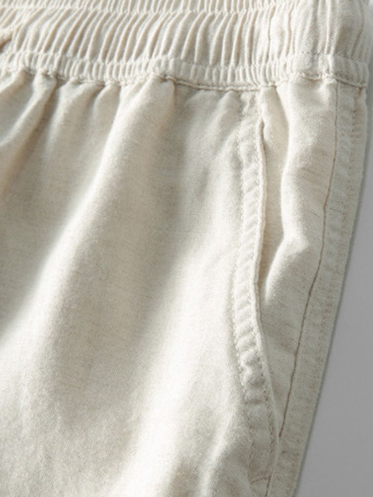 Textured Johnny Collar Crocheted Knit Polo & Straight Leg Linen Pants