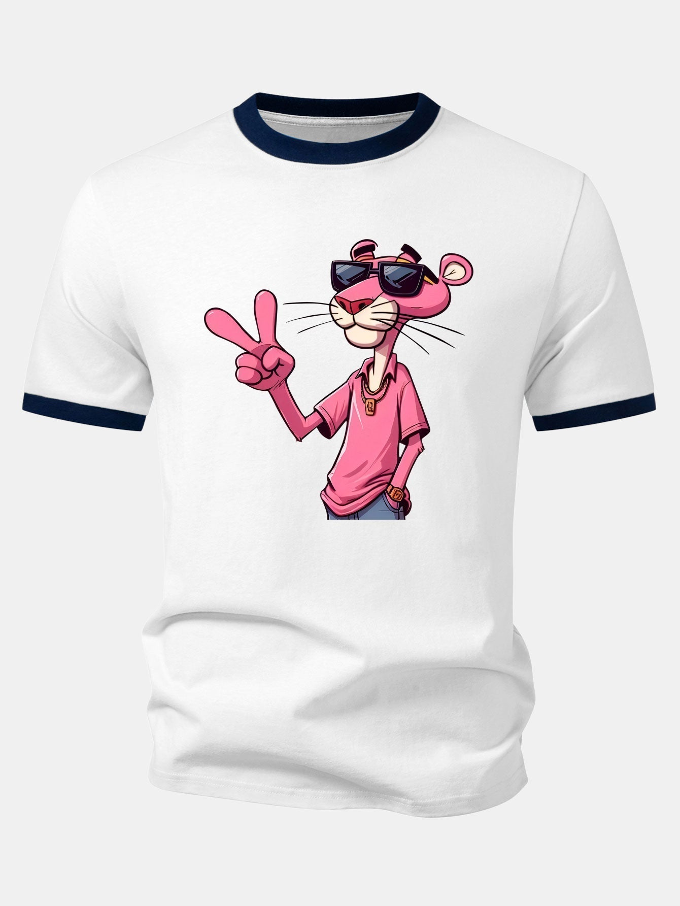 Pink Panther With V Sign Print Contrast Ringer T-Shirt & 5" Drawstring  Corduroy Shorts
