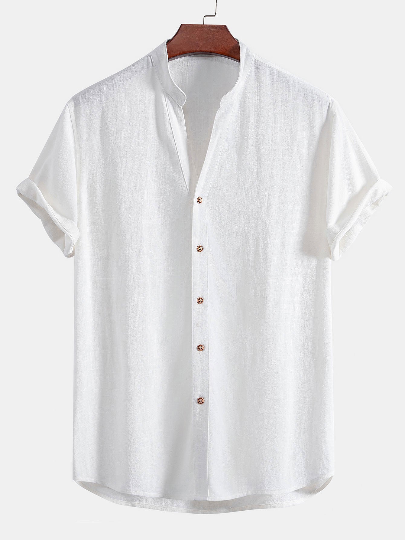 Short Sleeve V Neck Linen Rayon Blend Shirt & Linen Blend Drawstring 7" Shorts