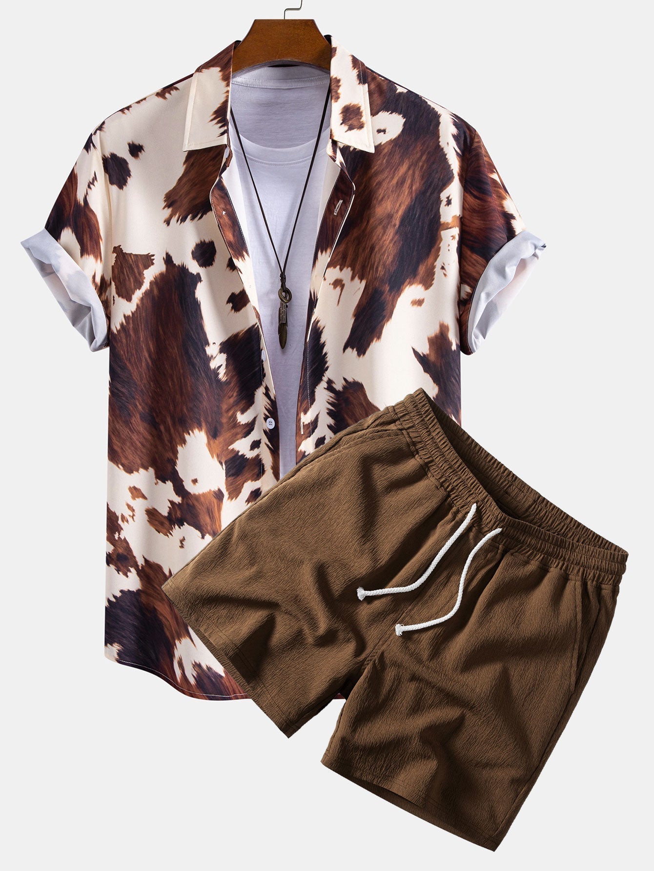Cow Print Button Up Shirt & Crinkle Textured Drawstring 5" Shorts