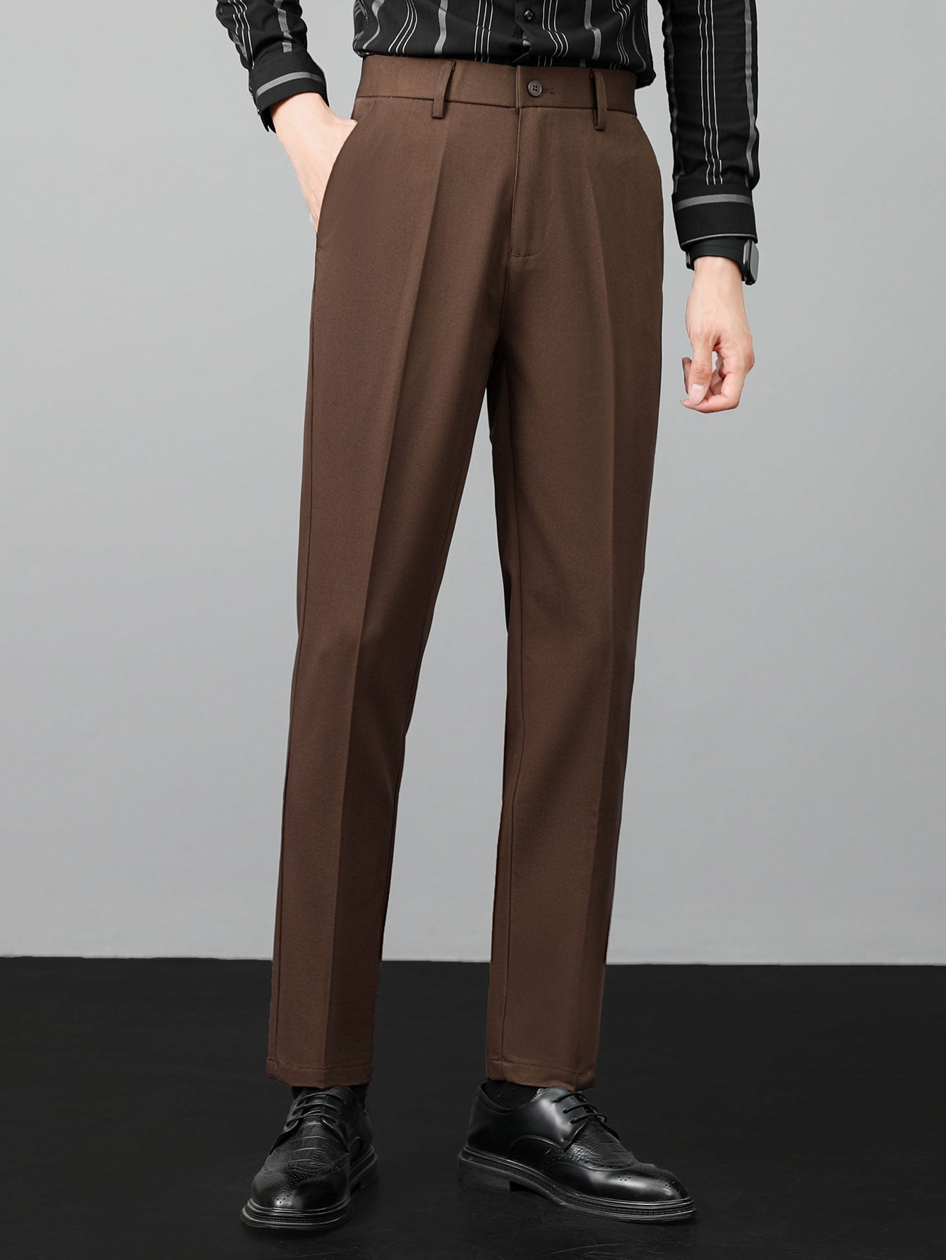 Stripe Johnny Collar Knit Polo & Slim Fit Tapered Trousers