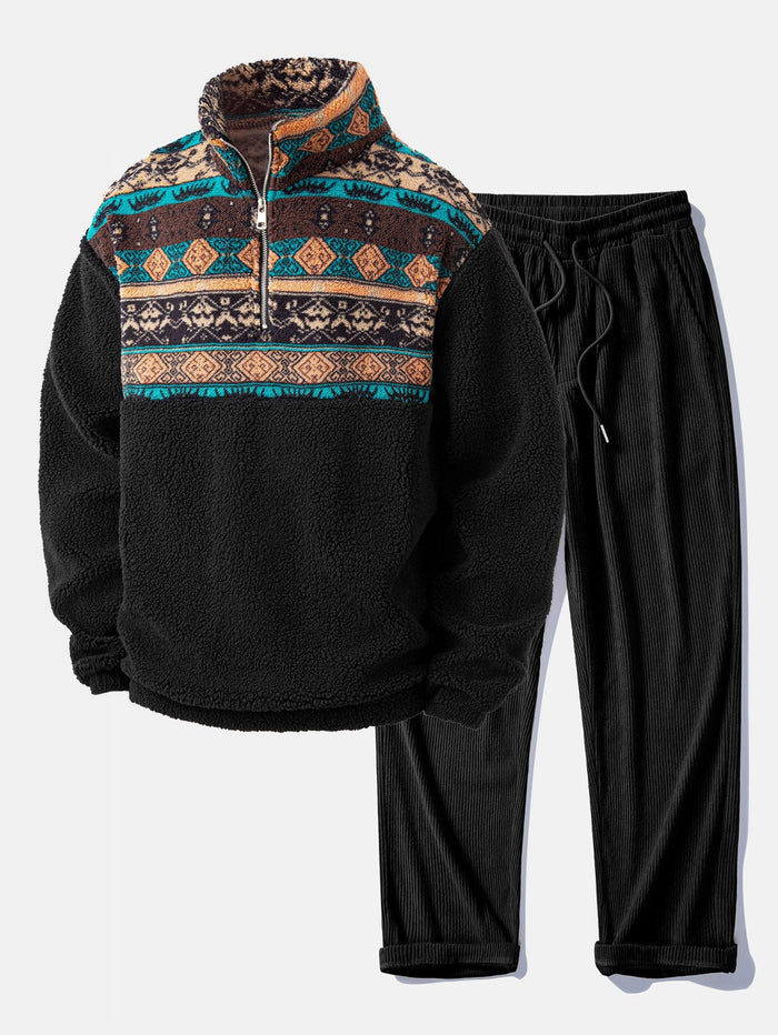 Relax Fit Quarter Zip Ethnic Geometric Patchwork Teddy Sweatshirt & Straight Leg Corduroy Pants