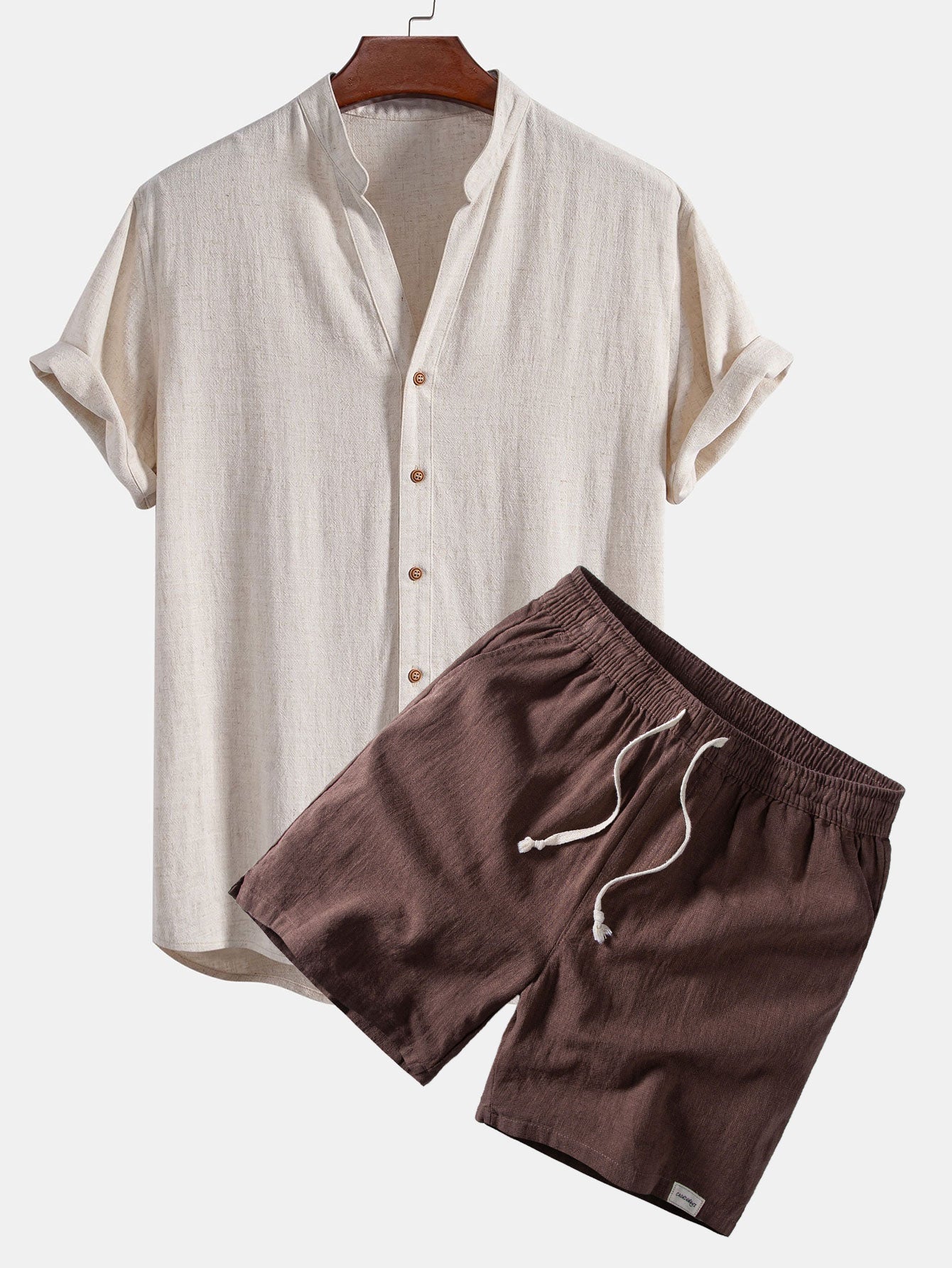 Short Sleeve V Neck Linen Rayon Blend Shirt & Linen Blend Drawstring 7" Shorts
