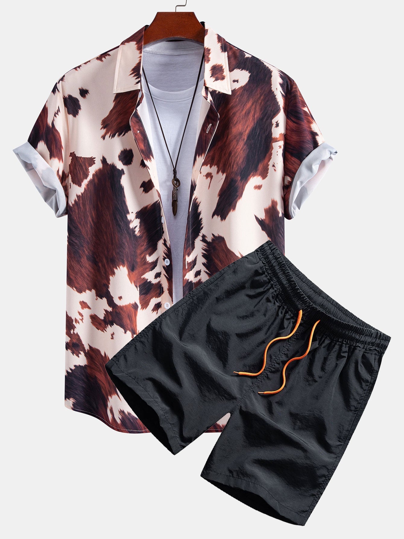 Cow Print Button Up Shirt & Swim Shorts