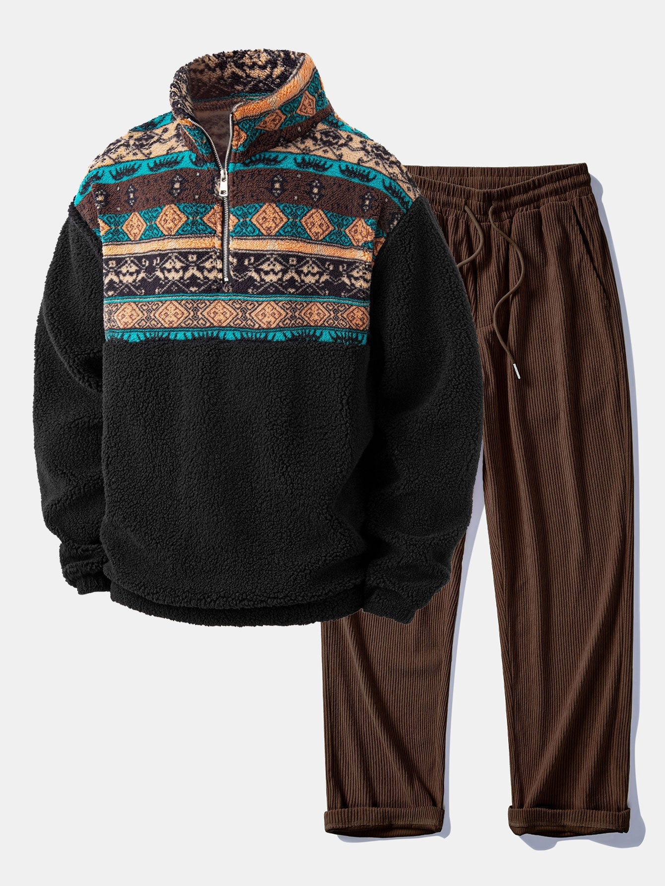 Relax Fit Quarter Zip Ethnic Geometric Patchwork Teddy Sweatshirt & Straight Leg Corduroy Pants