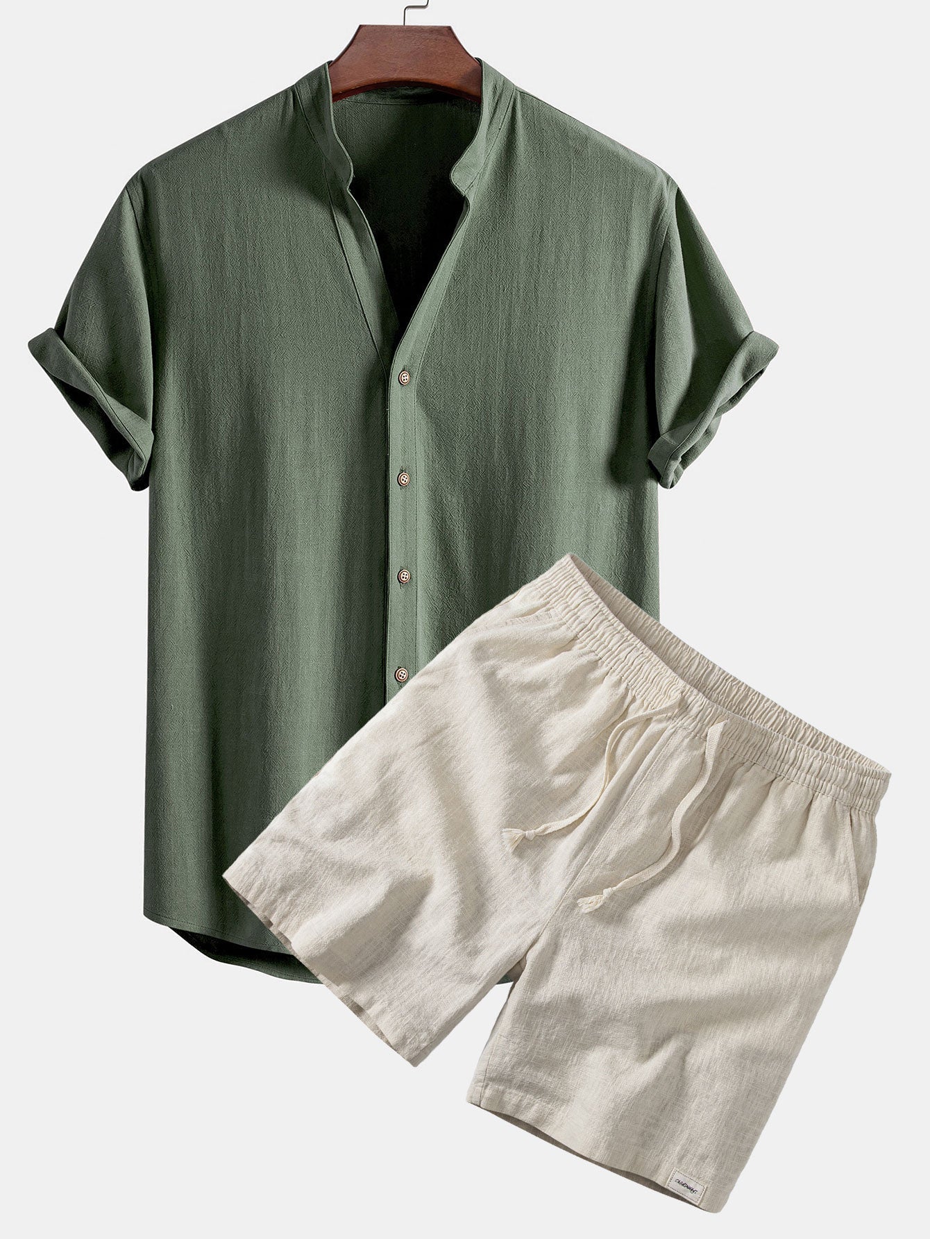 Short Sleeve V Neck Linen Rayon Blend Shirt & Linen Blend Drawstring 7" Shorts
