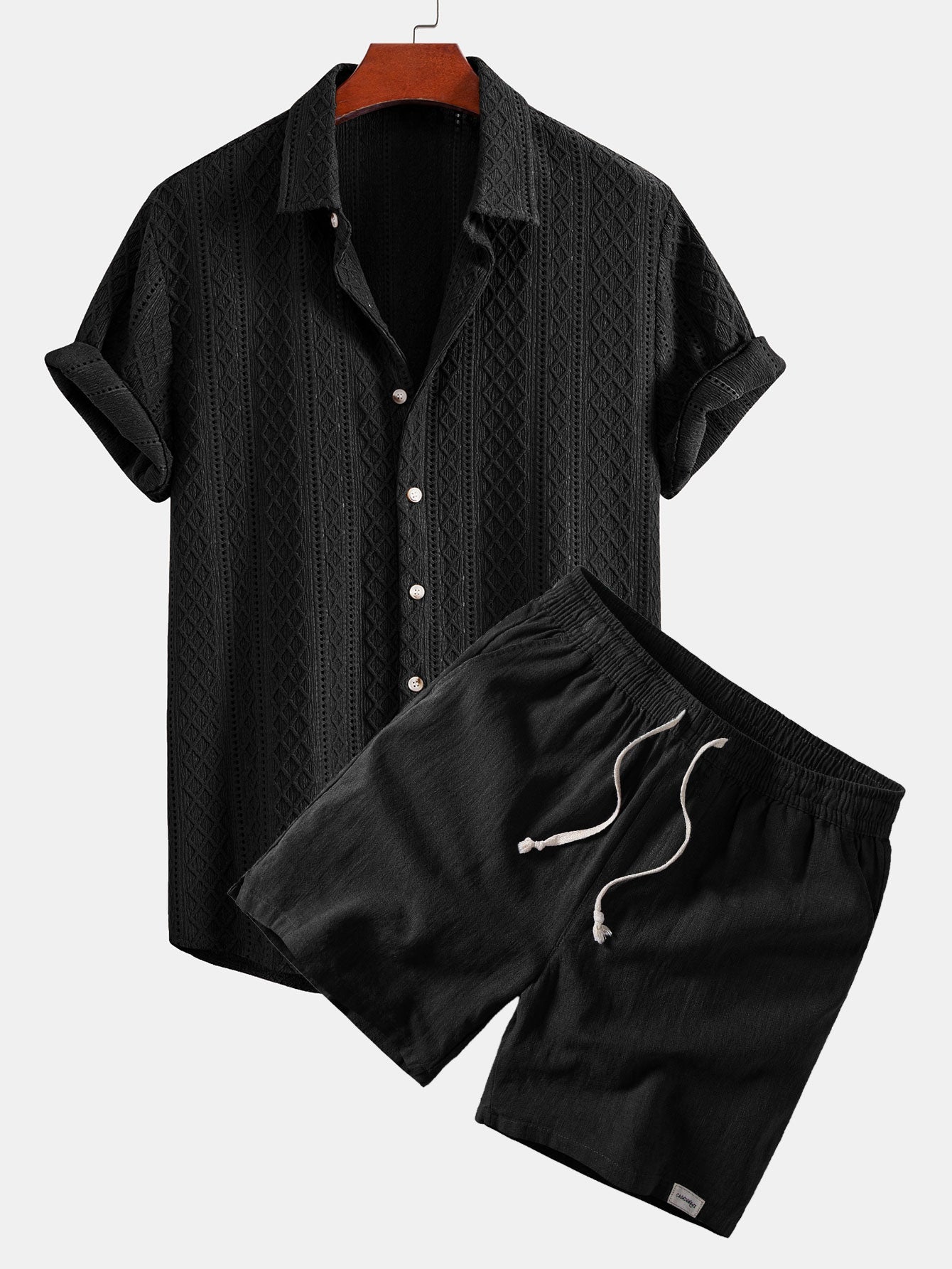 Geometry Rhombus Jacquard Button Up Shirt & Linen Blend Drawstring 7" Shorts