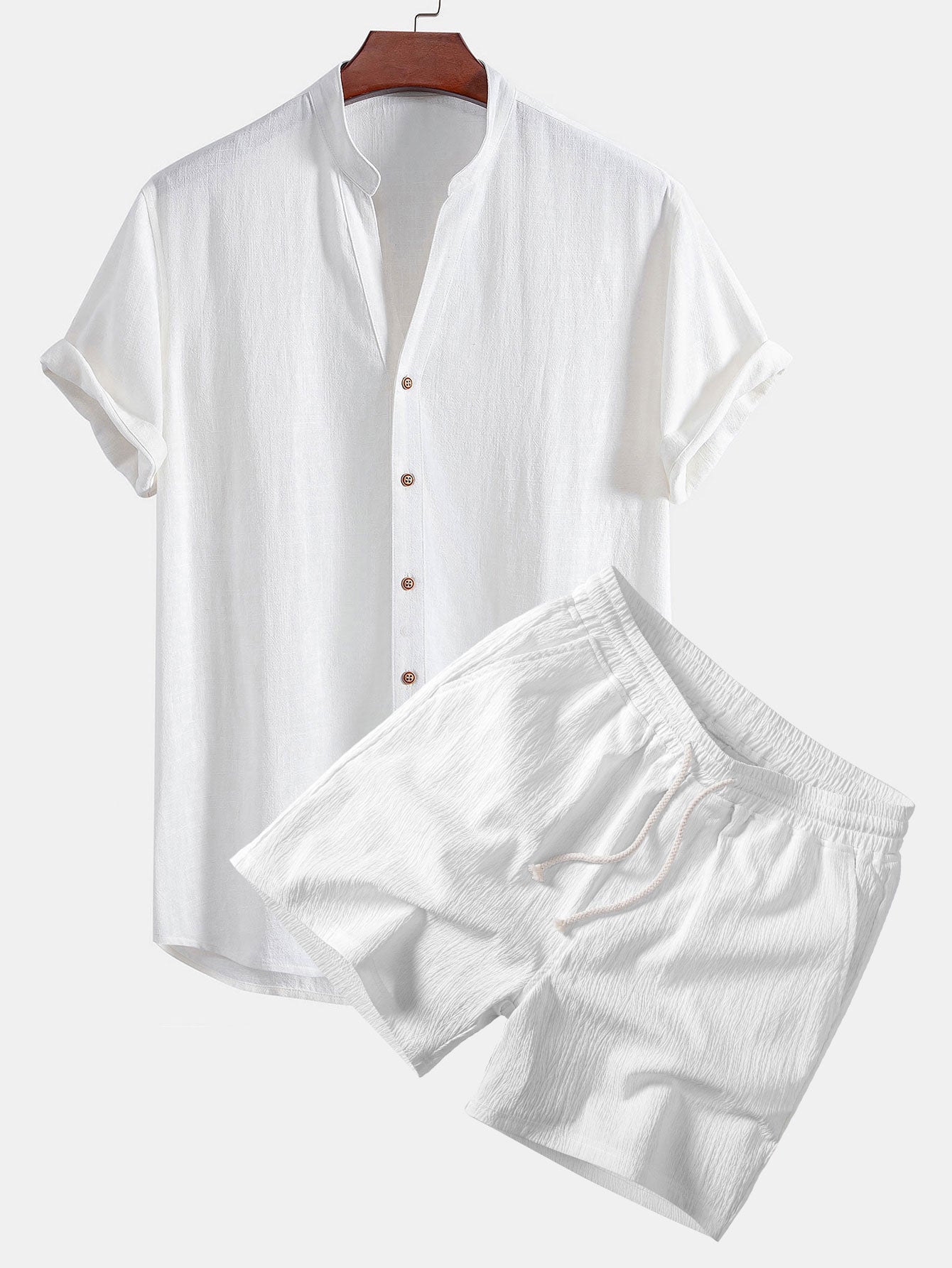 Short Sleeve V Neck Linen Rayon Blend Shirt & Crinkle Textured Drawstring 5" Shorts