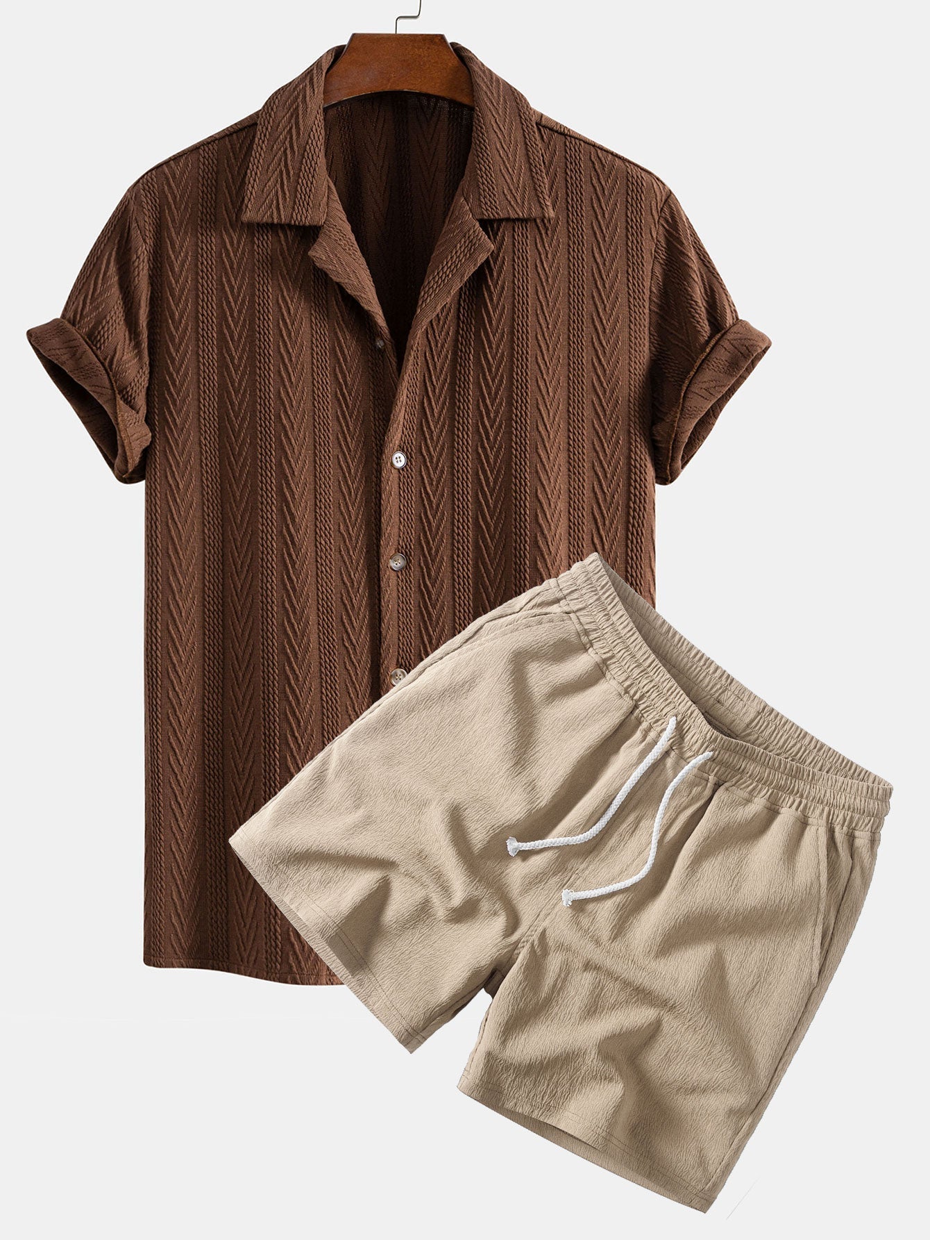 Texture Jacquard Cuban Shirt & Crinkle Textured Drawstring 5" Shorts