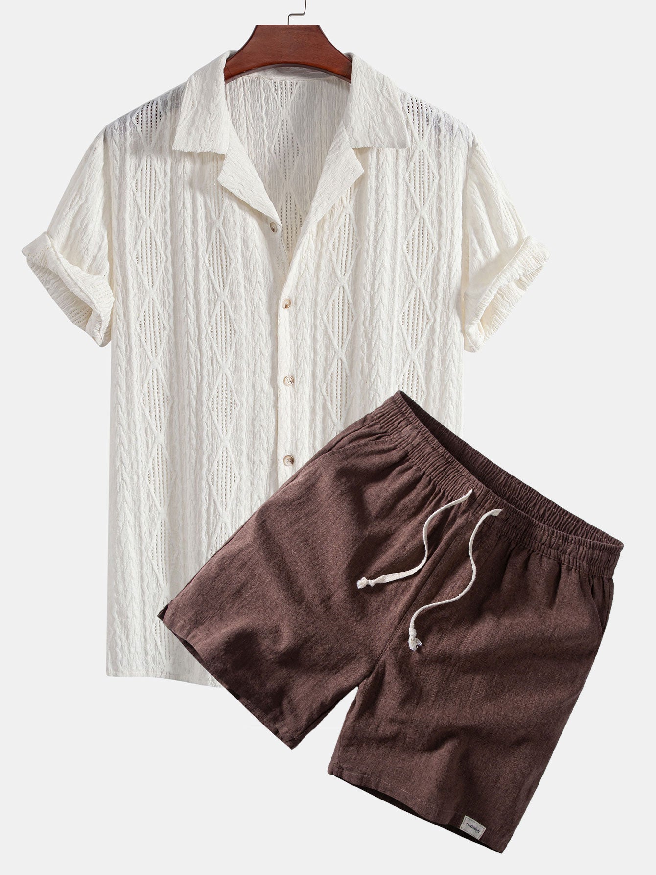 Geometric Jacquard Eyelet Cuban Shirt & Linen Blend Drawstring 7" Shorts
