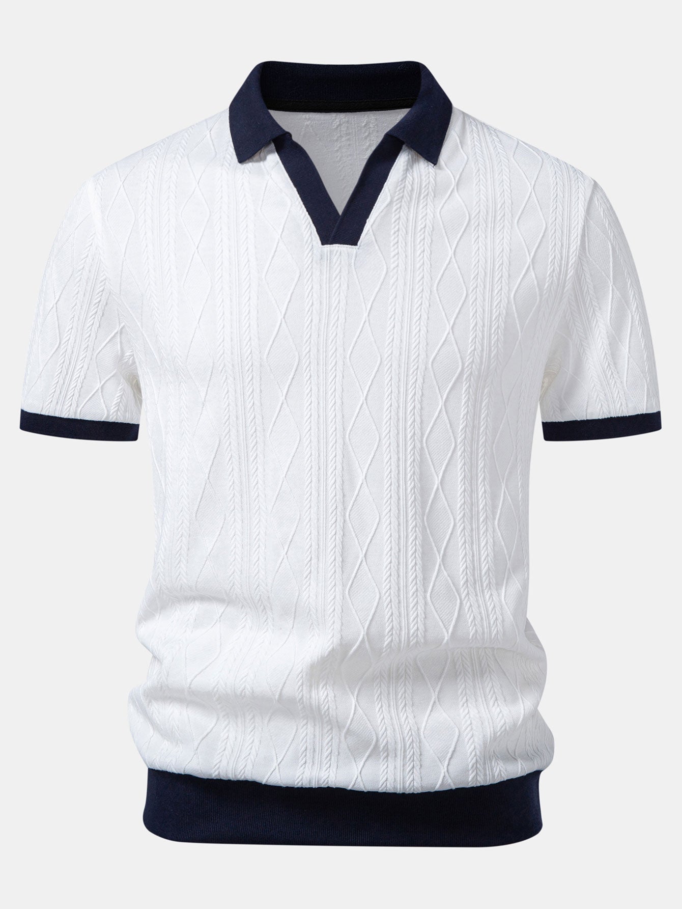 Contrast Geometry Jacquard Knit Polo & Straight Leg Ribbed Pants