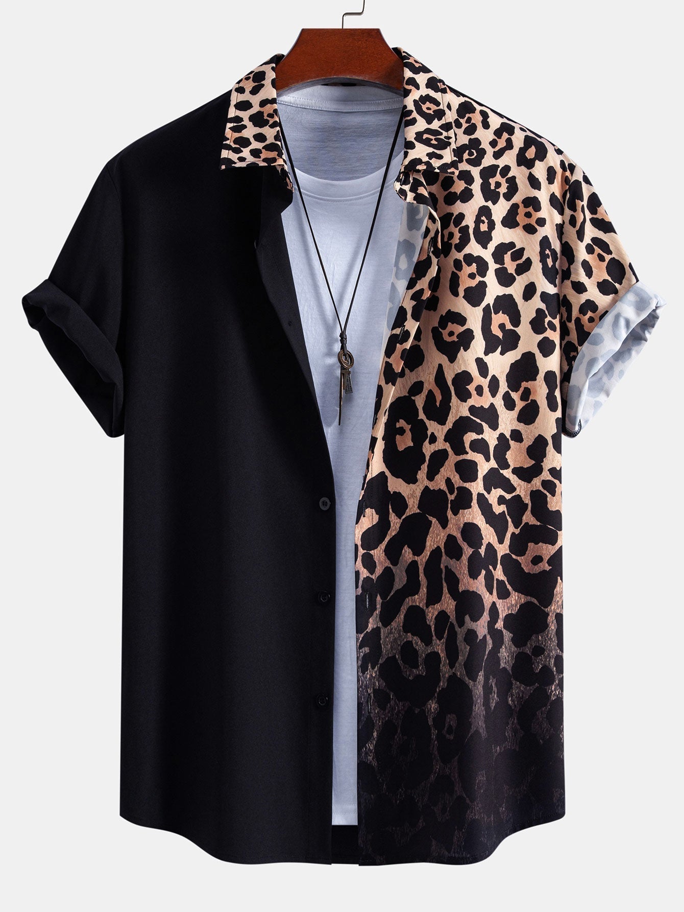 Leopard Print Patchwork Button Up Shirt & Swim Shorts
