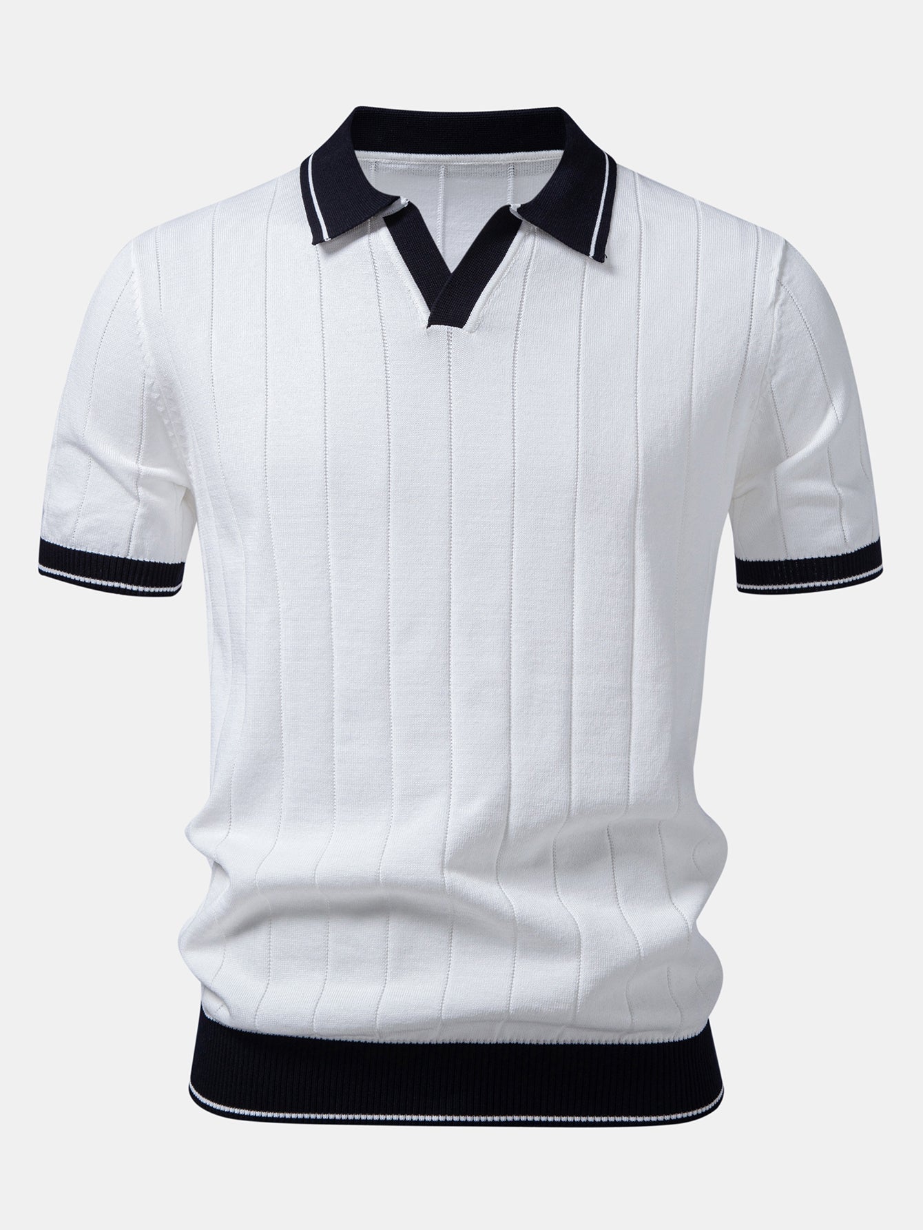 Contrast Trim Ribbed Johnny Collar Knit Polo & Elastic Waist Chino Shorts