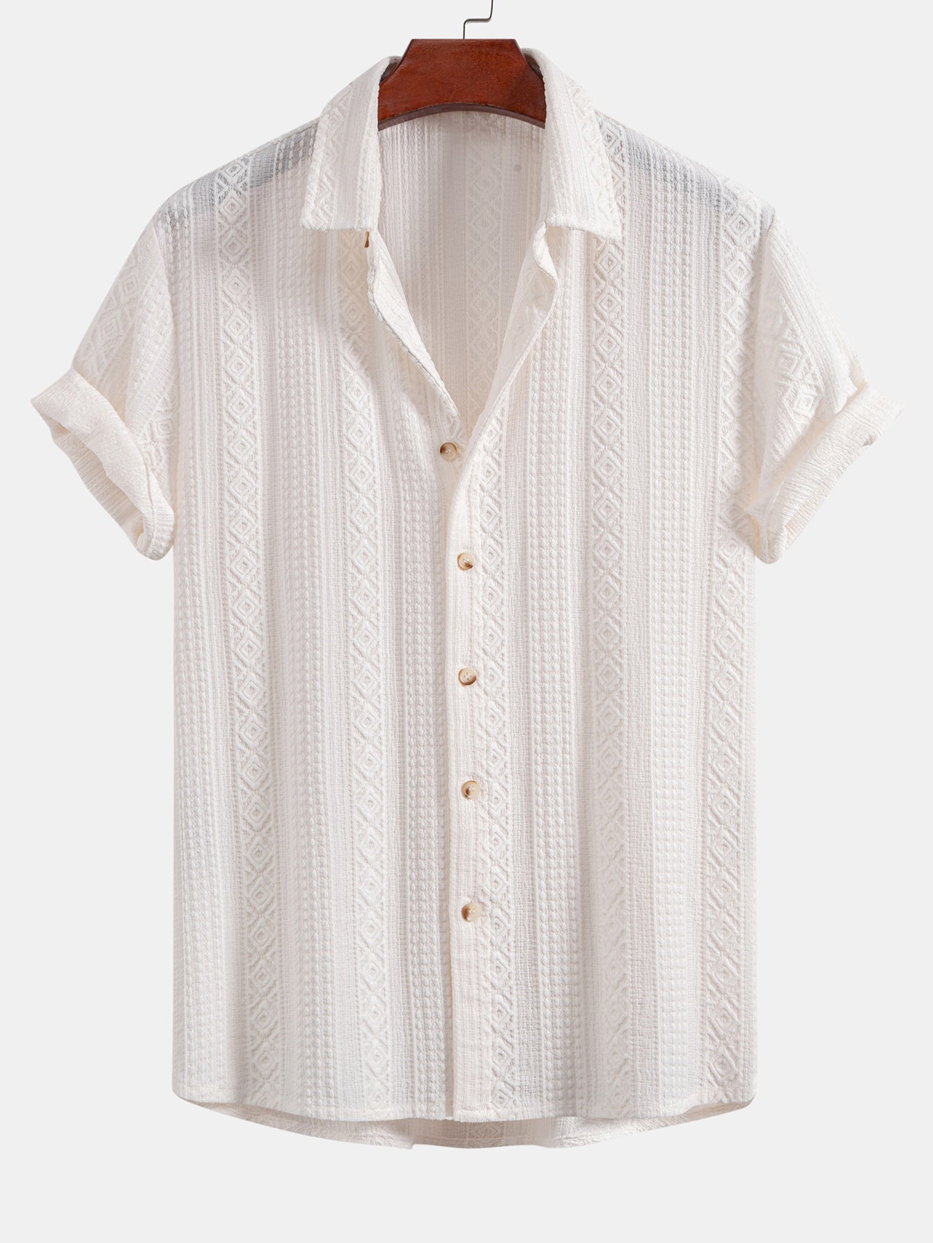 Geometric Jacquard Button Up Shirt & Crinkle Textured Straight Leg Pants