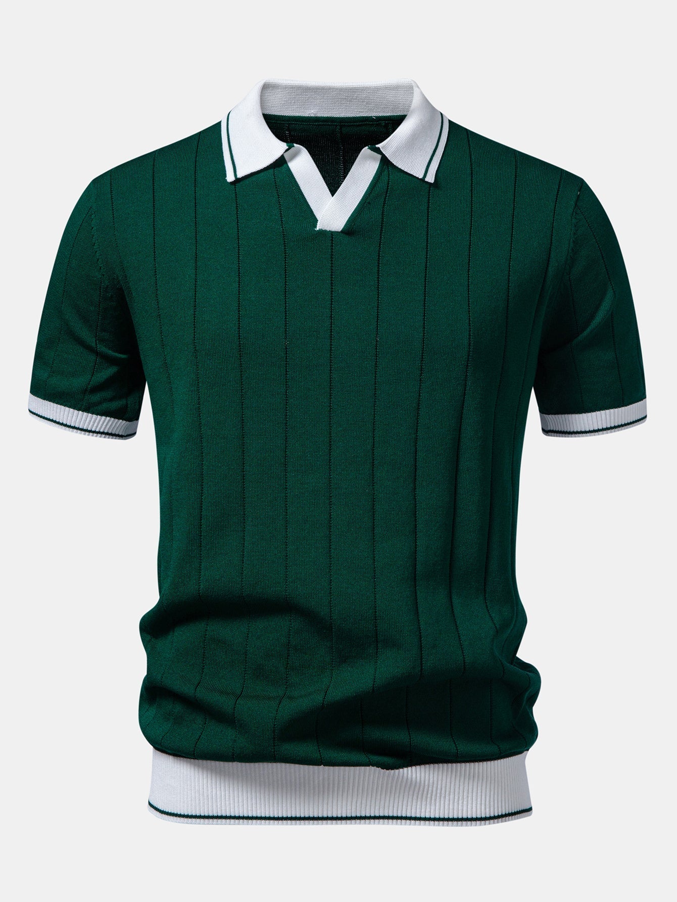 Contrast Trim Ribbed Johnny Collar Knit Polo & Straight Leg Ribbed Pants