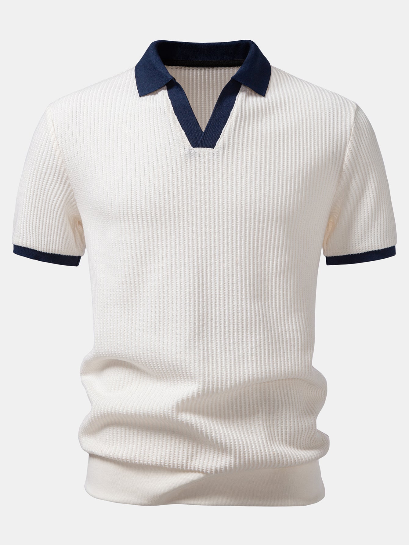 Contrast Knit Waffle Johnny Collar Polo & Drawstring Knitted Waffle Pants