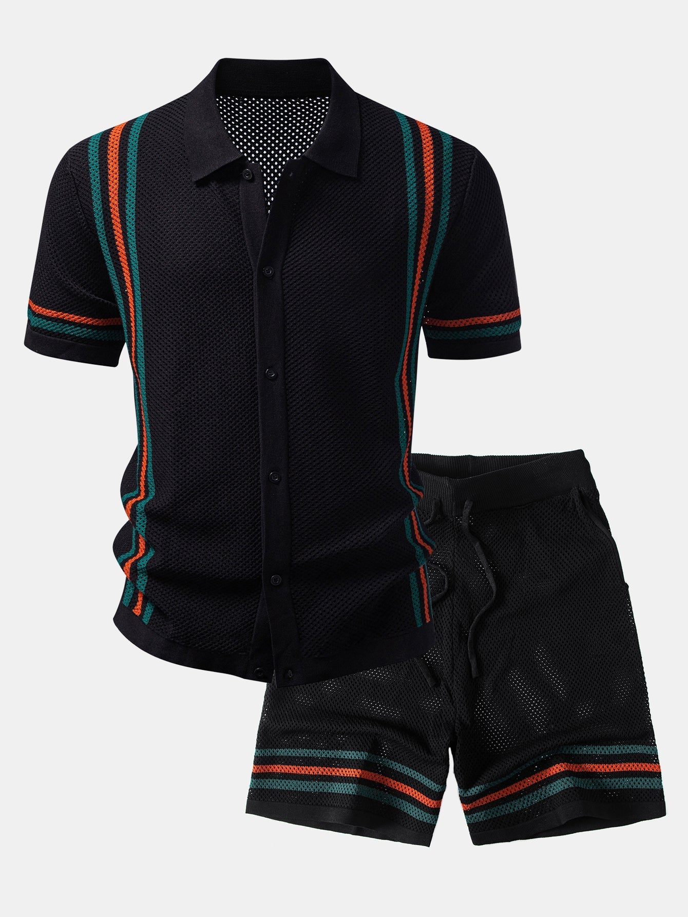 Stripe Button Up Open Knit Shirt & Drawstring Shorts