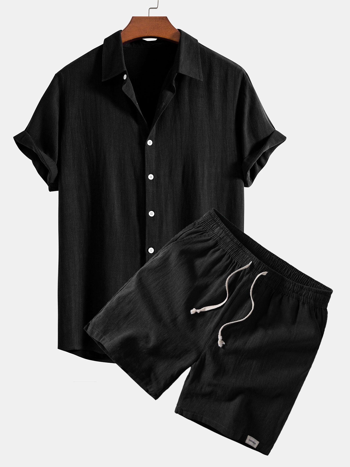 Linen Rayon Blend Button Up Shirt & Linen Blend Drawstring 7" Shorts