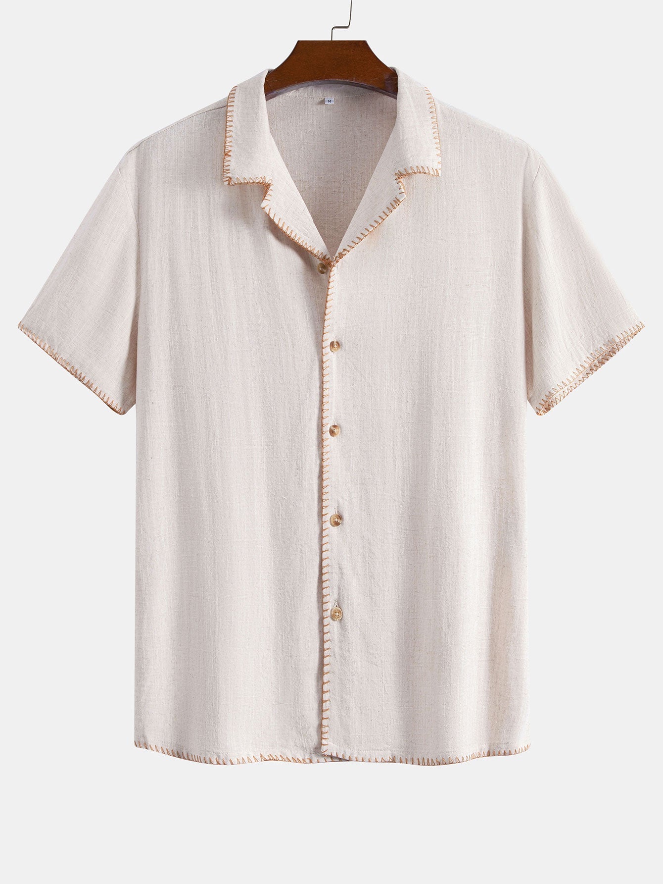 Contrast Stitching Linen Rayon Blend Cuban Shirt & Crinkle Textured Straight Leg Pants
