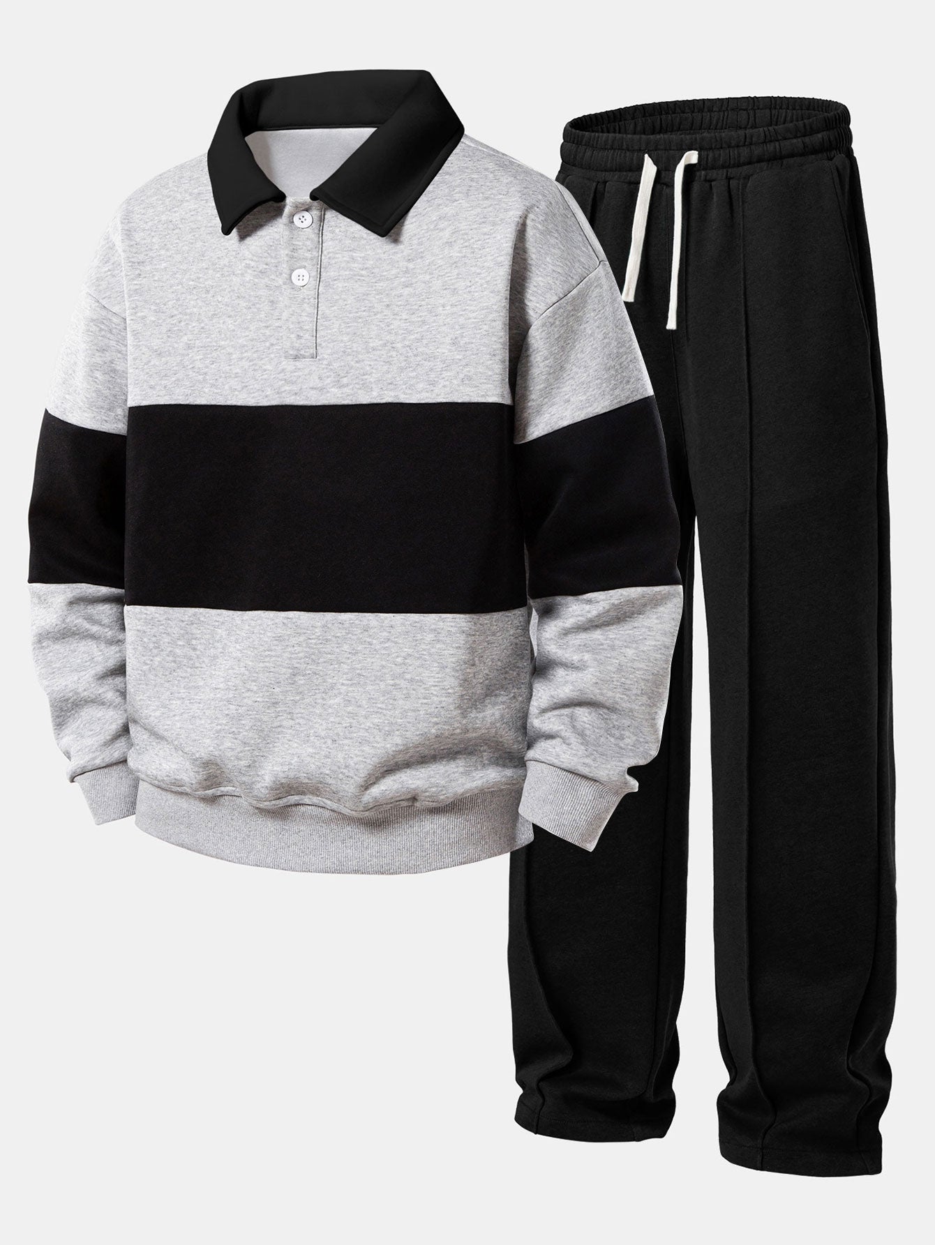 Relax Fit Color Block Polo Collar Sweatshirt & Straight Leg Pleated Pintuck Sweatpants