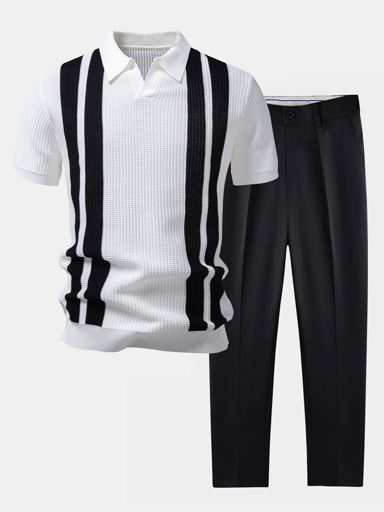 Stripe Johnny Collar Knit Polo & Slim Fit Tapered Trousers