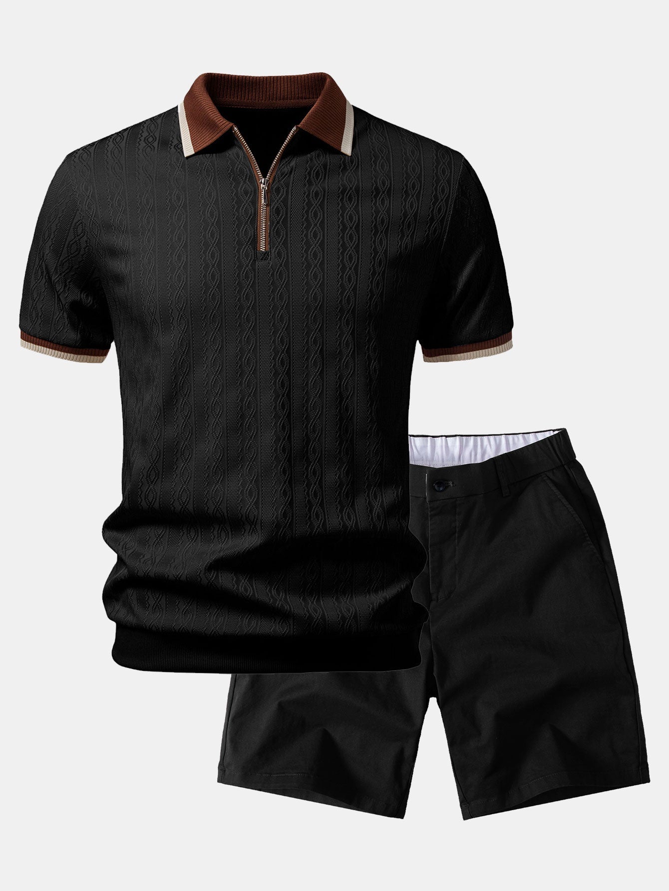 Contrast Trim Textured Zipper Knit Polo & Elastic Waist Chino Shorts
