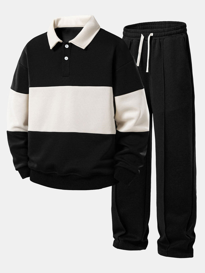 Relax Fit Color Block Polo Collar Sweatshirt & Straight Leg Pleated Pintuck Sweatpants
