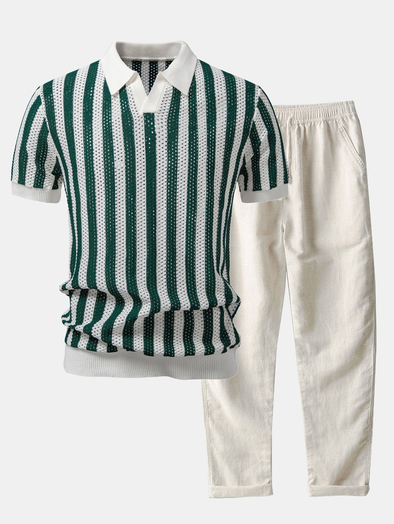 Stripe Johnny Collar Open Knit Polo & Straight Leg Linen Pants