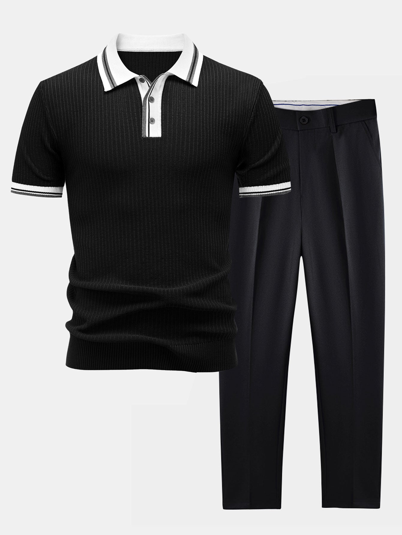 Contrast Trim Knit Polo Shirt & Slim Fit Tapered Trousers