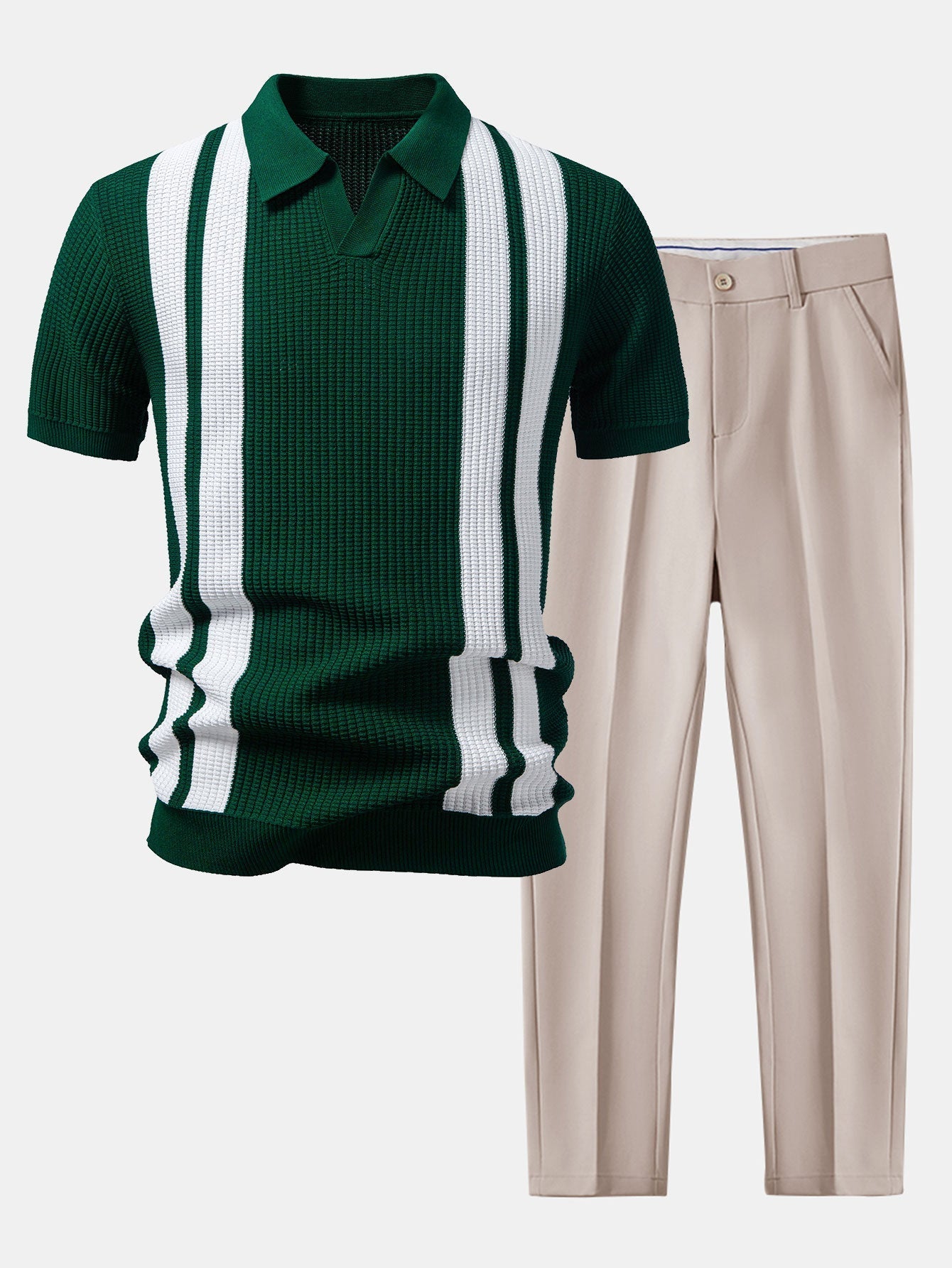 Stripe Johnny Collar Knit Polo & Slim Fit Tapered Trousers