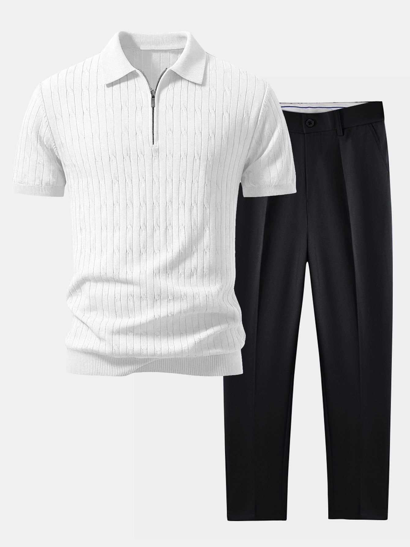Twisted Jacquard Zipper Knit Polo & Slim Fit Tapered Trousers