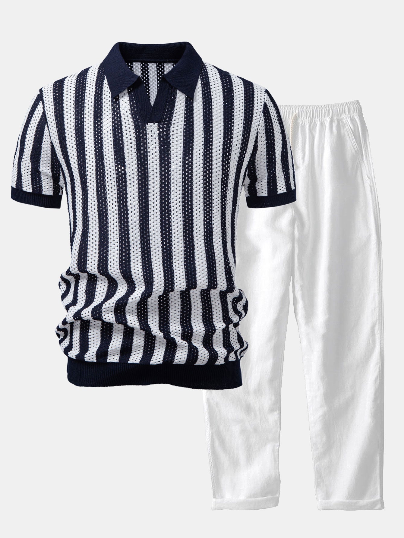 Stripe Johnny Collar Open Knit Polo & Straight Leg Linen Pants
