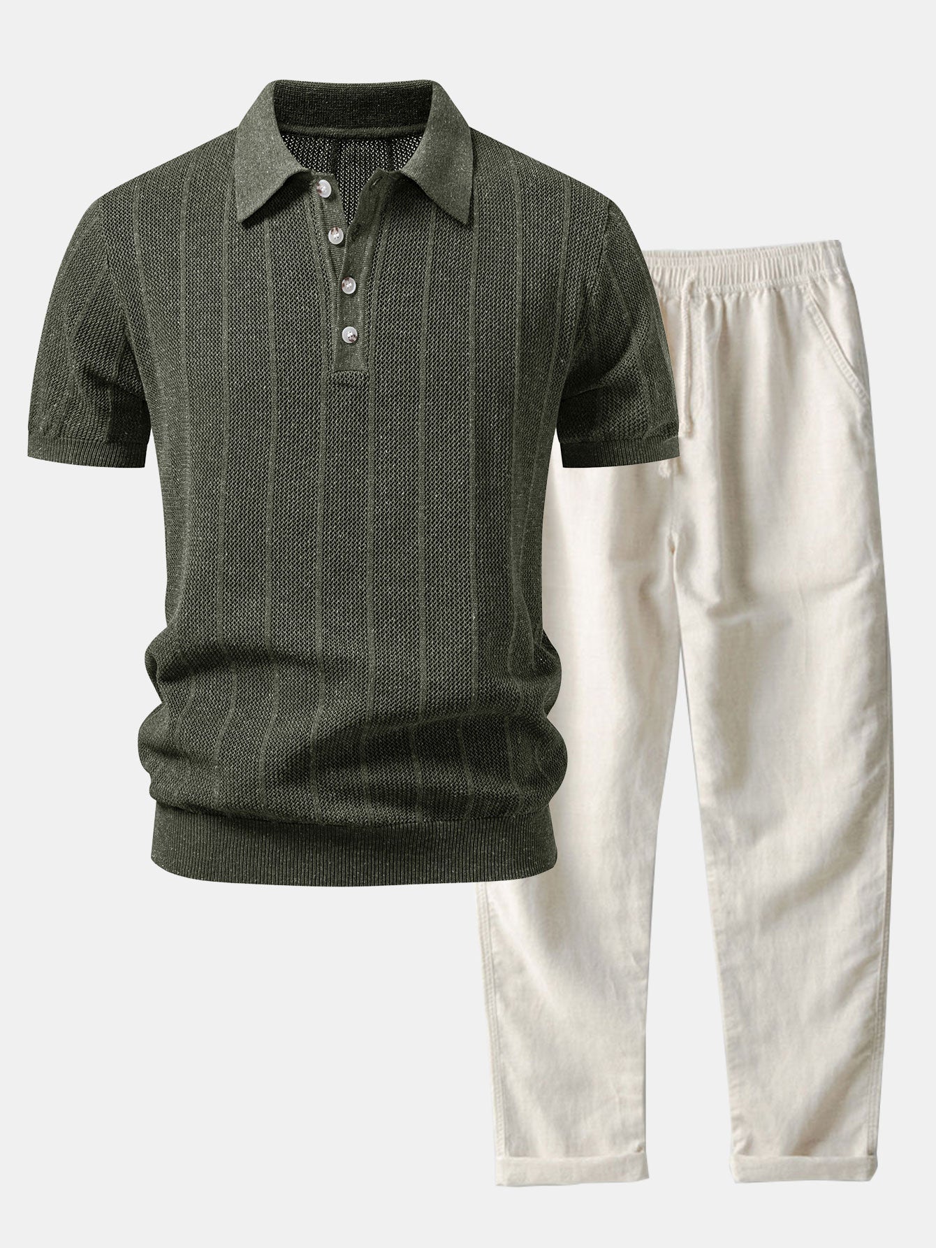 Linen Stripe Open Knit Polo & Straight Leg Linen Pants