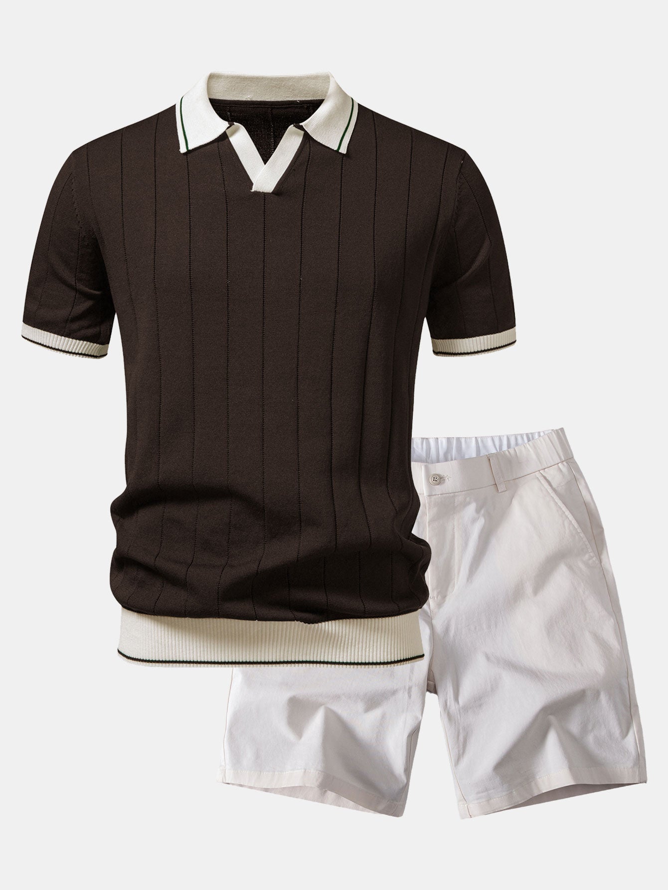 Contrast Trim Ribbed Johnny Collar Knit Polo & Elastic Waist Chino Shorts