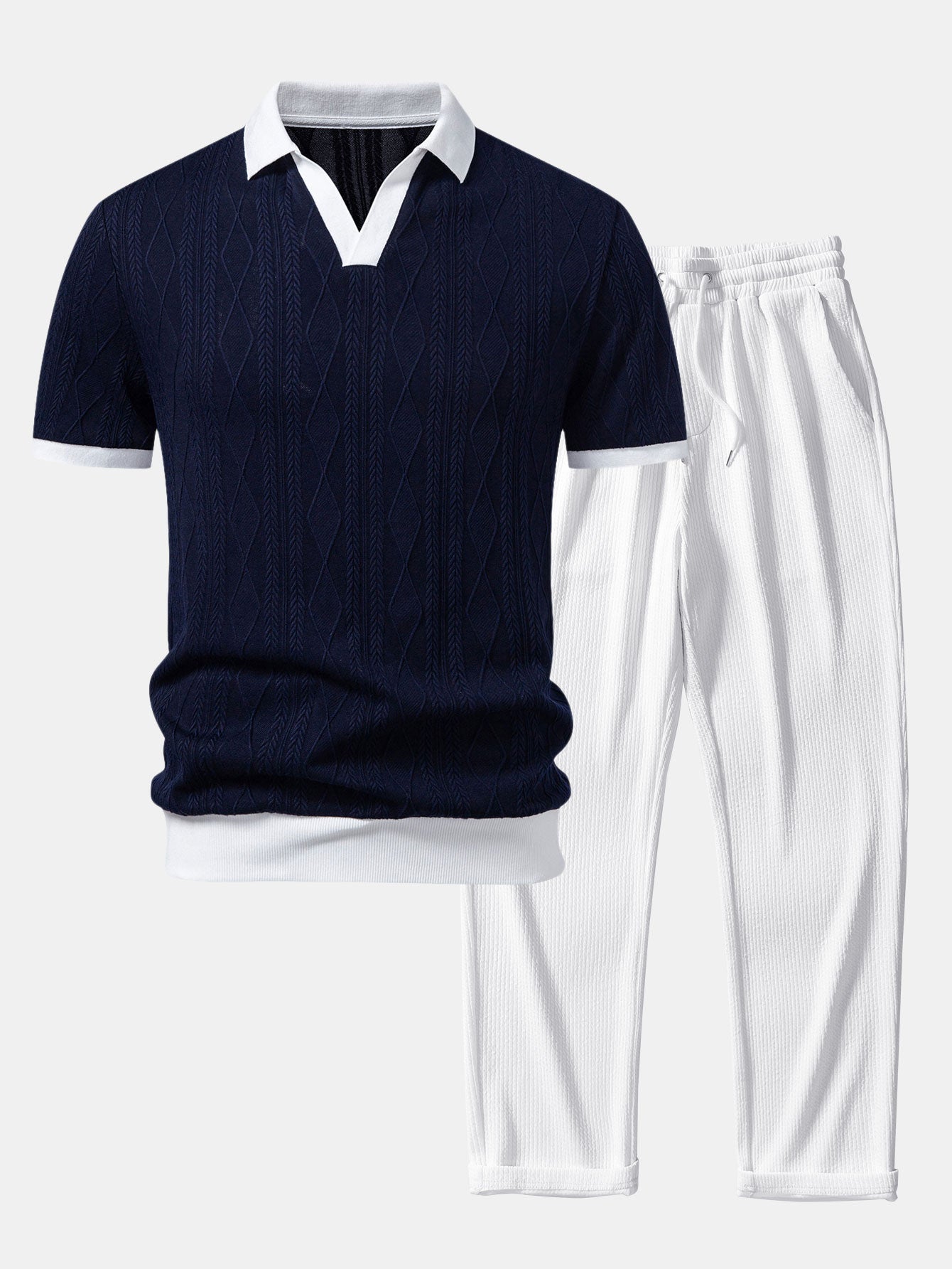 Contrast Geometry Jacquard Knit Polo & Straight Leg Ribbed Pants