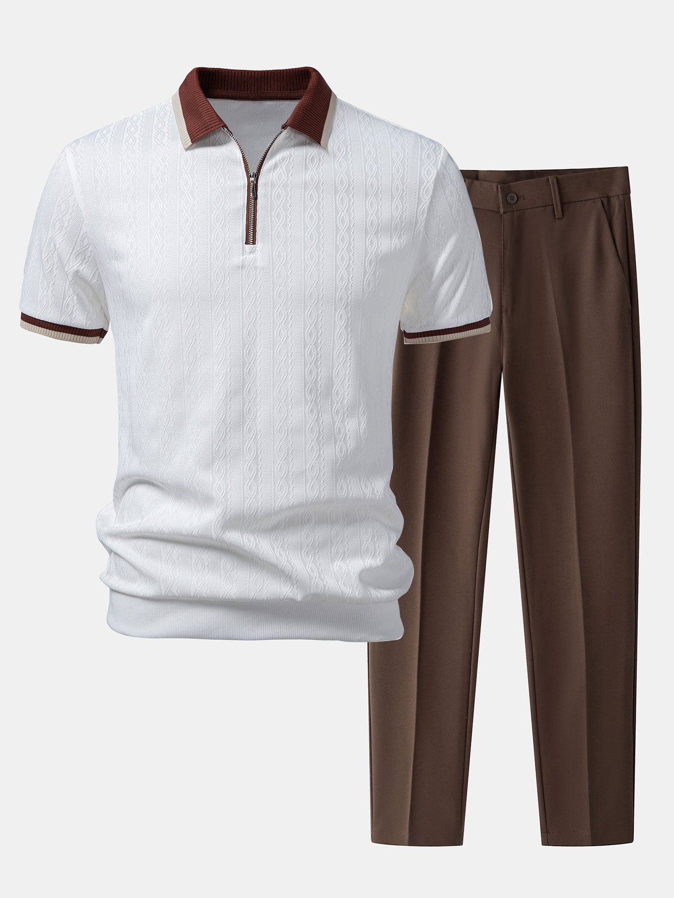Contrast Trim Textured Zipper Knit Polo & Slim Fit Tapered Trousers