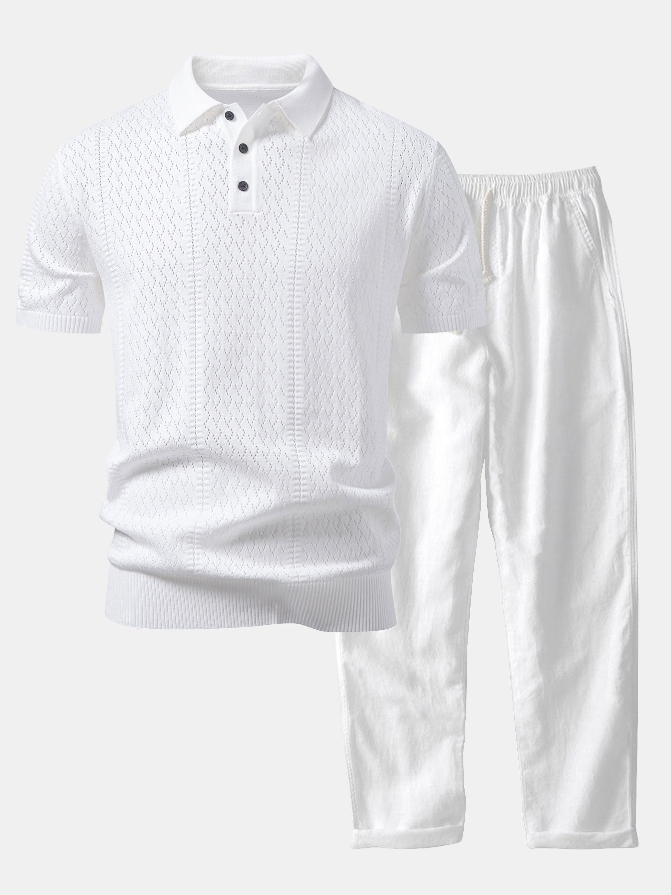Geometric Jacquard Open Knit Polo & Straight Leg Linen Pants