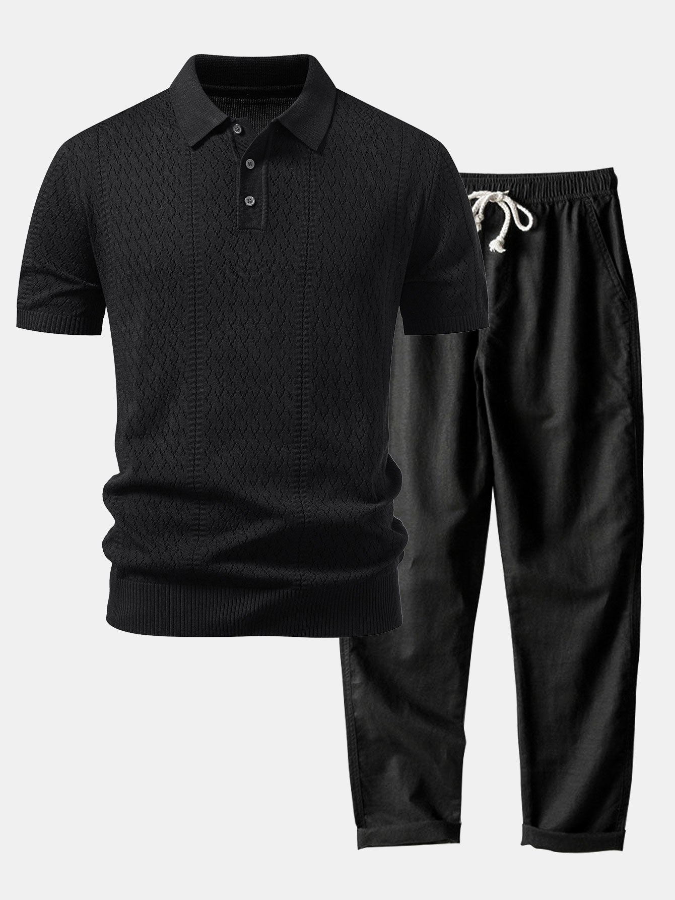 Geometric Jacquard Open Knit Polo & Straight Leg Linen Pants