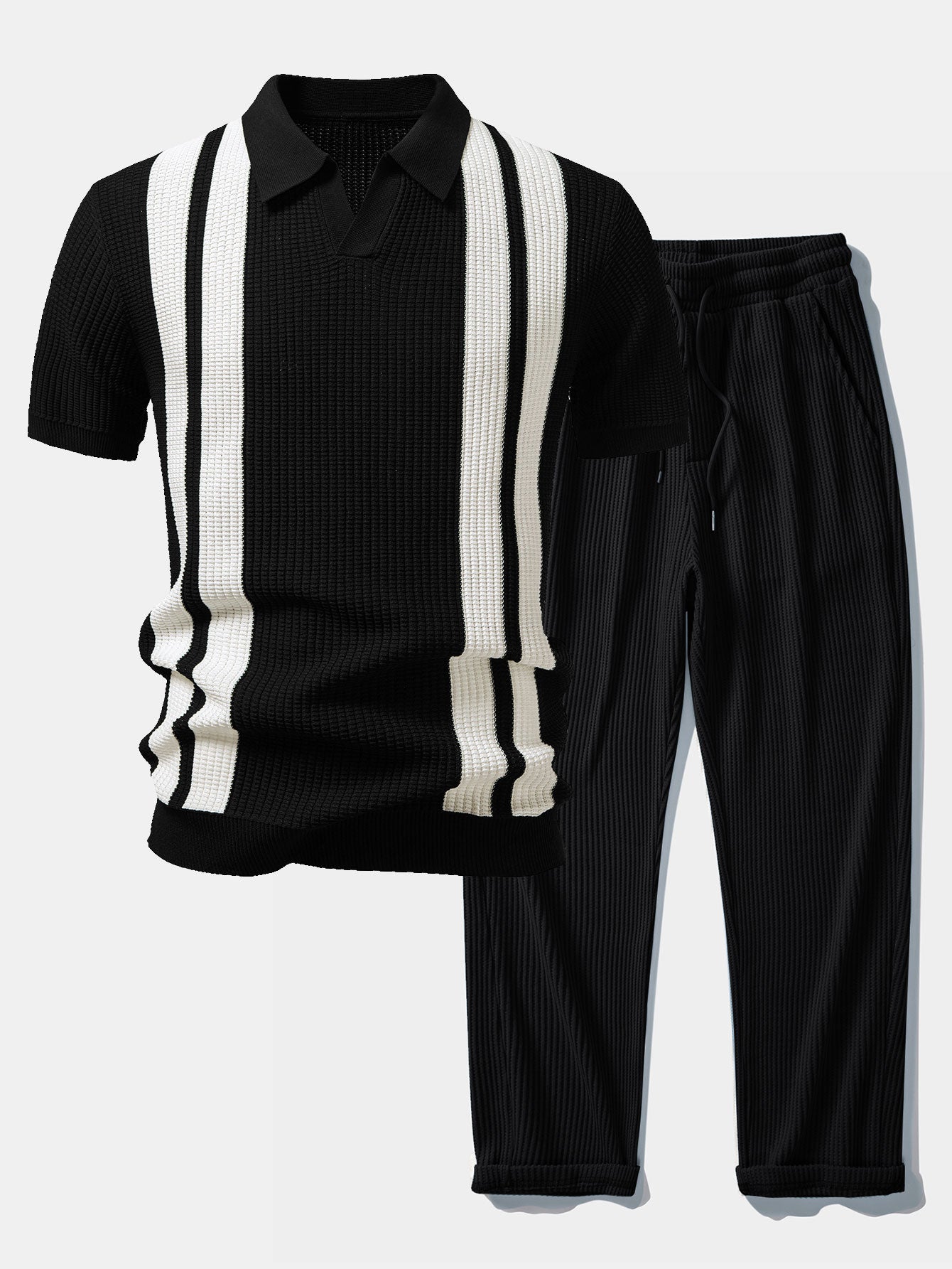Stripe Johnny Collar Knit Polo & Drawstring Knitted Waffle Pants