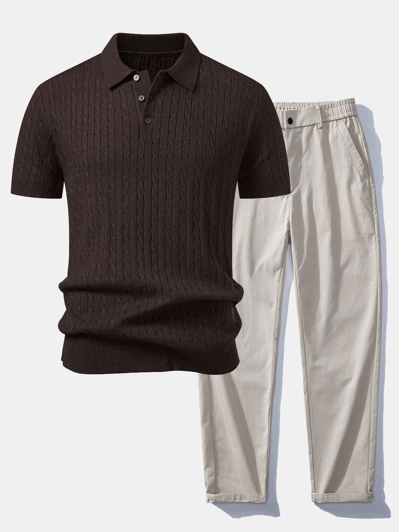 Twisted Jacquard Knit Polo & Elastic Waist Straight Leg Trousers