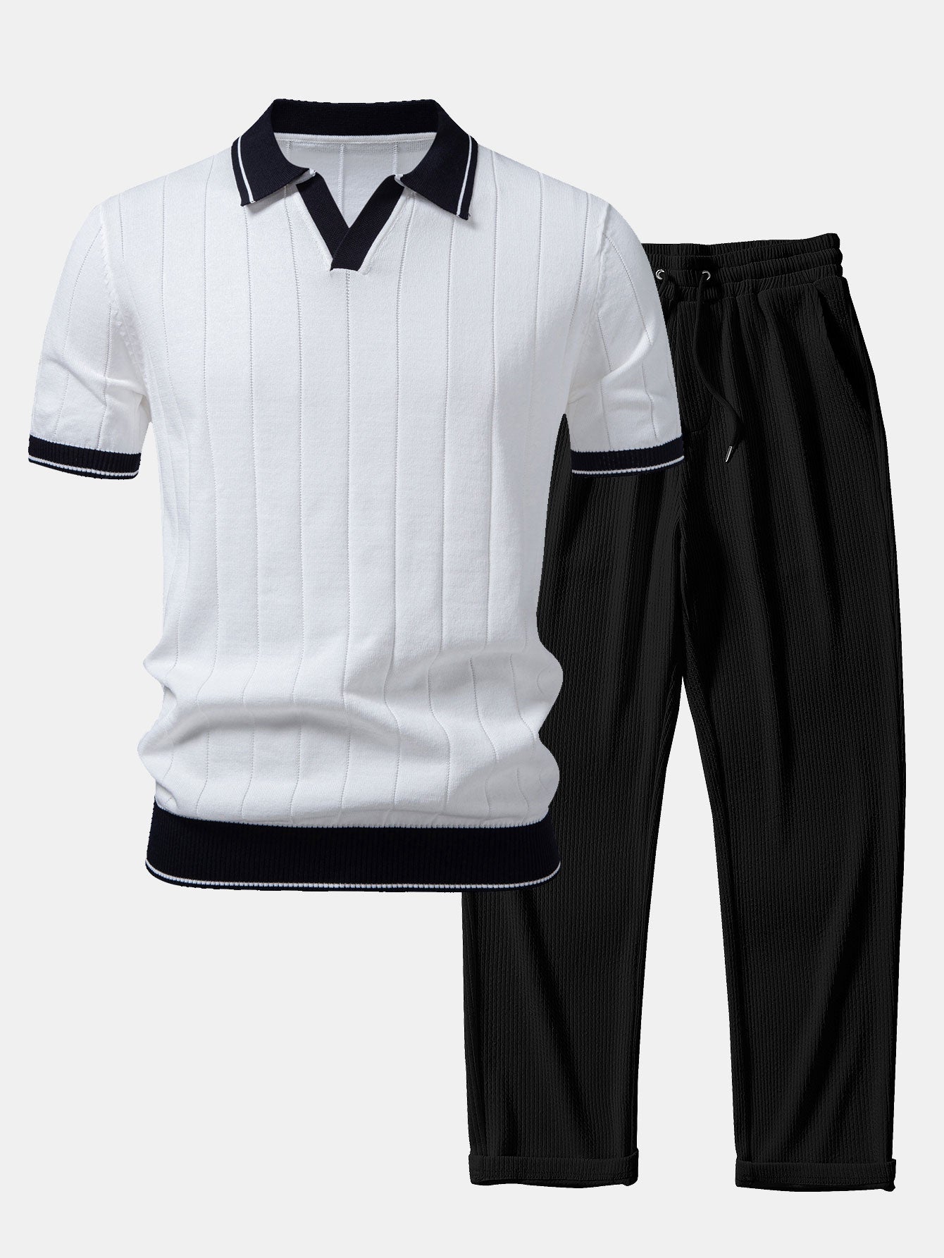Contrast Trim Ribbed Johnny Collar Knit Polo & Straight Leg Ribbed Pants