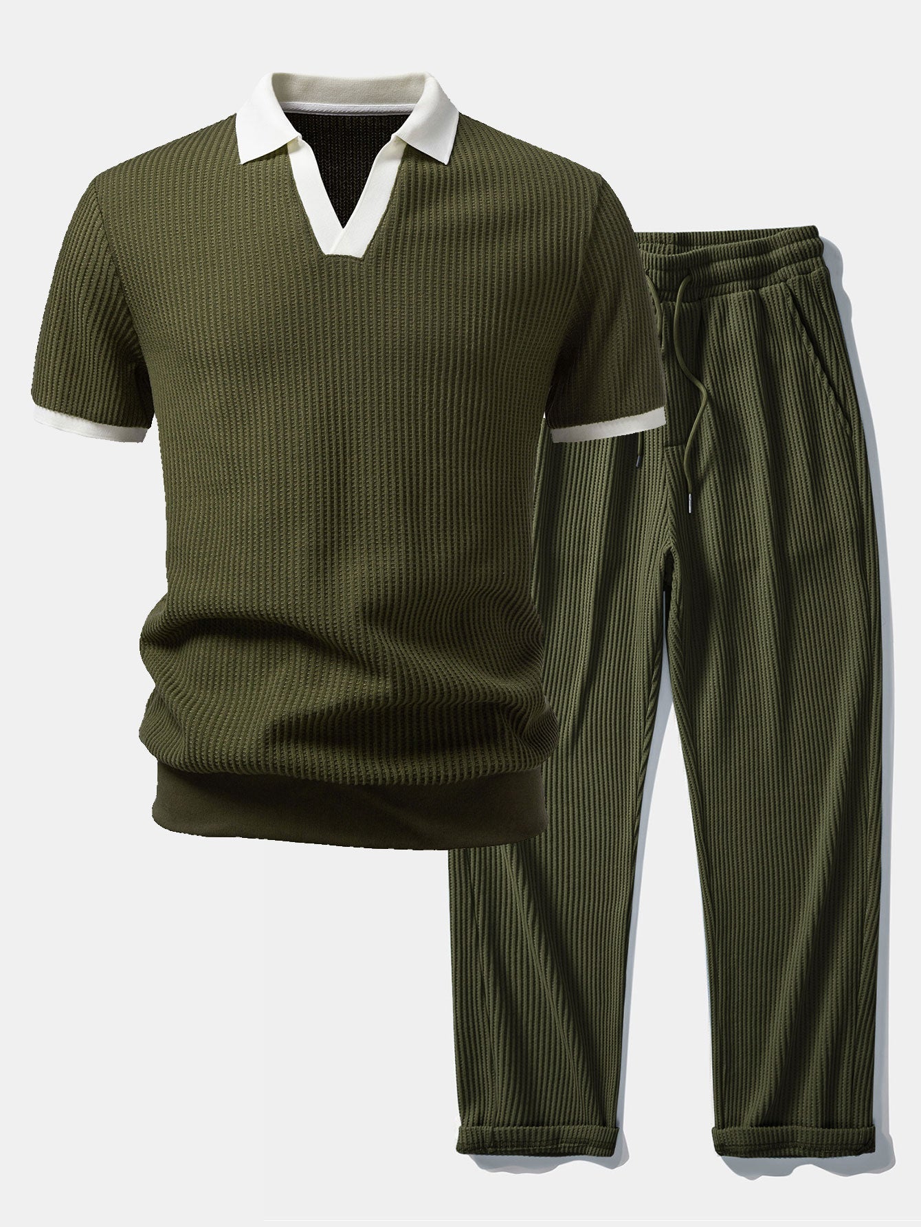 Contrast Knit Waffle Johnny Collar Polo & Drawstring Knitted Waffle Pants
