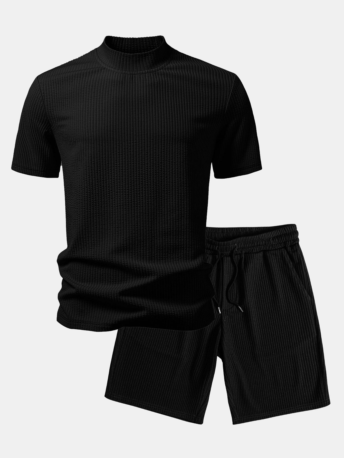 Ribbed  Mock Neck T-Shirt & Drawstring Ribbed Shorts