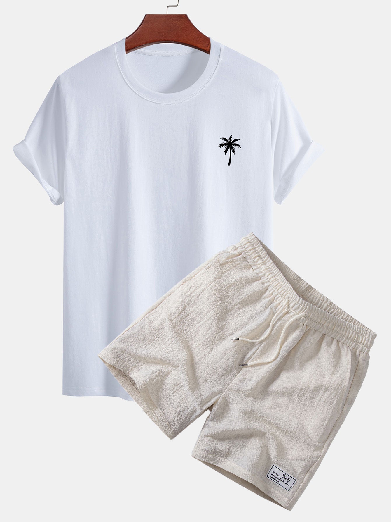 Regular Fit Palm Tree Print Cotton T-Shirt & Palm Tree Patch Seersucker 6" Shorts